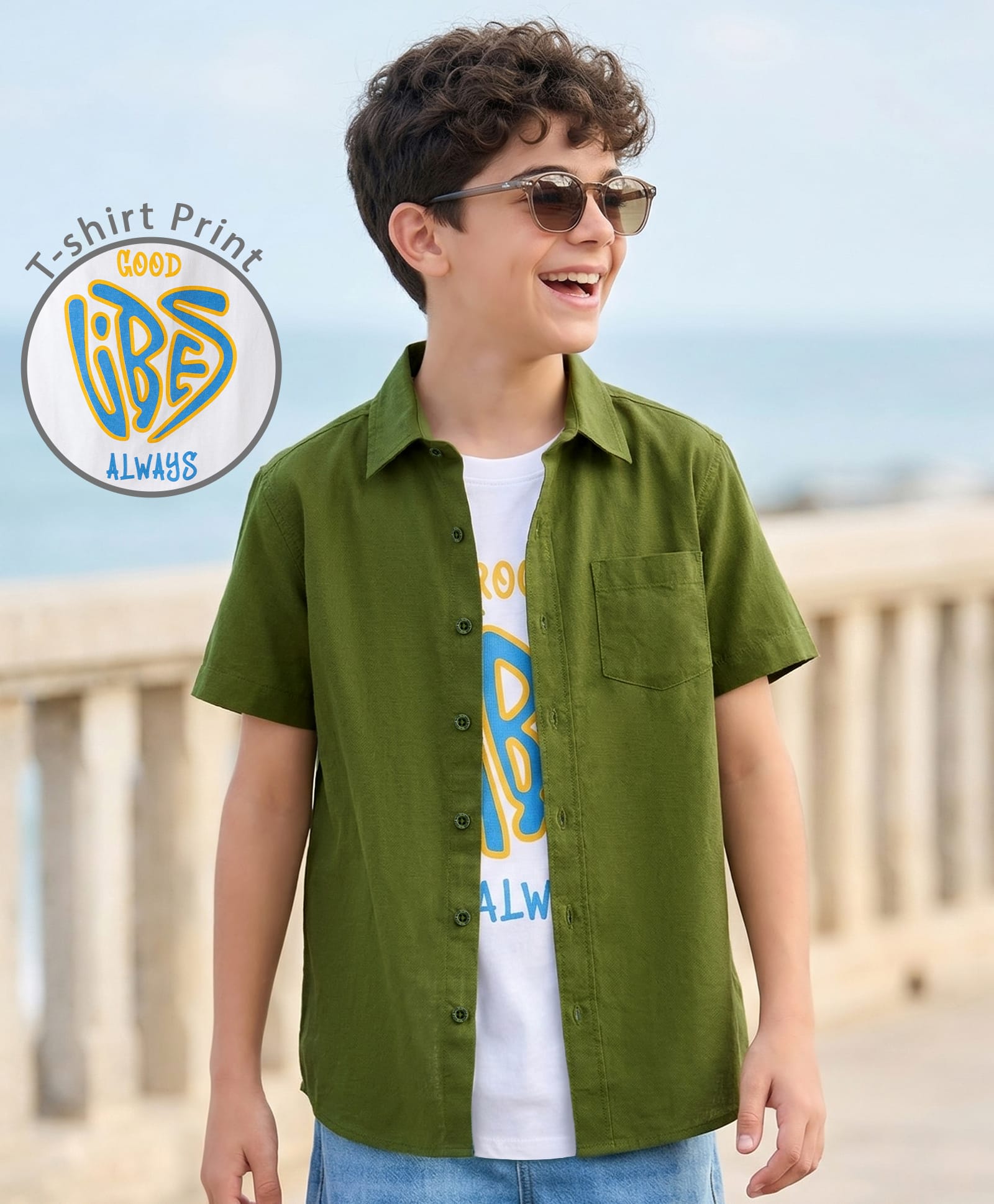 Pine Kids Viscose Woven Half Sleeves Solid Shirt with Inner Tee - Olive Green-image-43