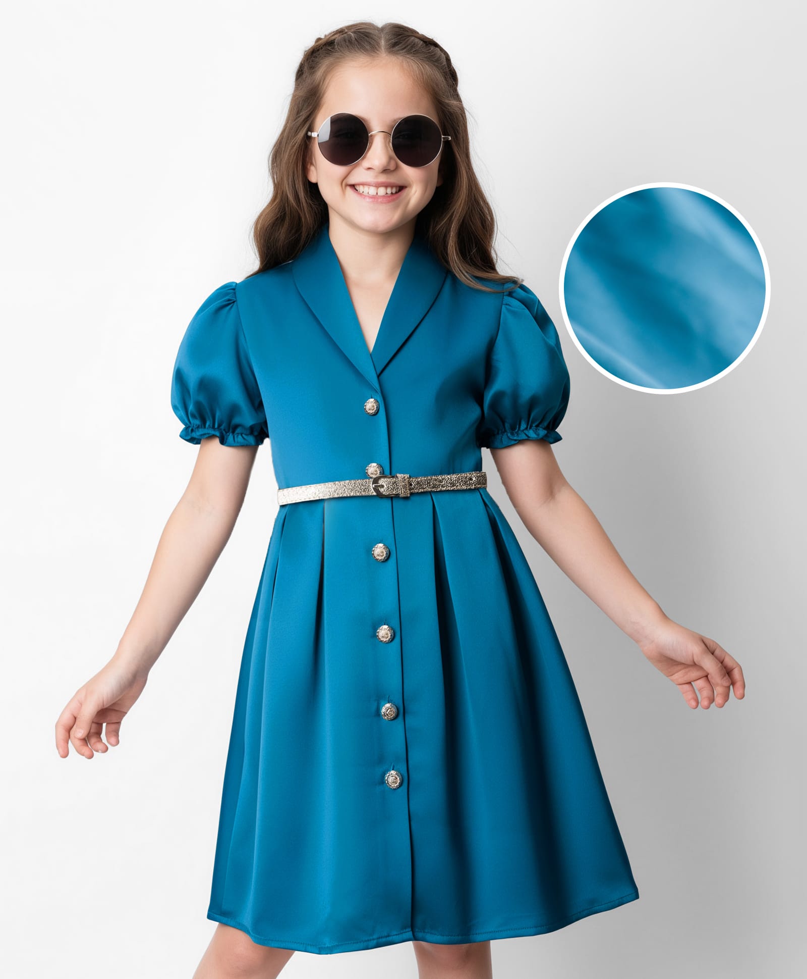 Hola Bonita Woven Puffed Sleeves Dress With Belt - Teal Blue-image-47