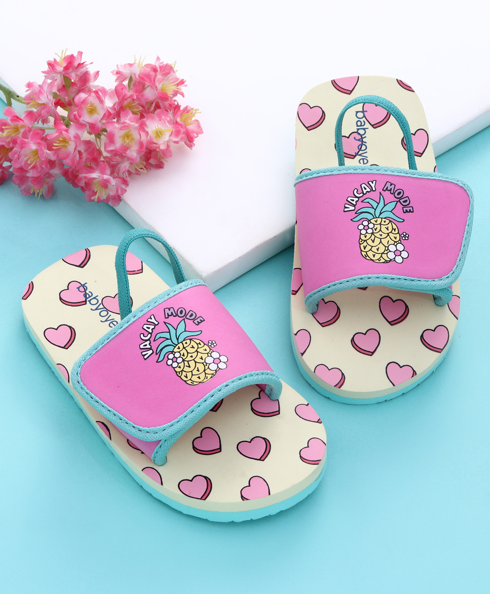 Babyoye Back Strap Hearts & Tropical Theme Printed Flip Flops - Yellow & Pink-image-28