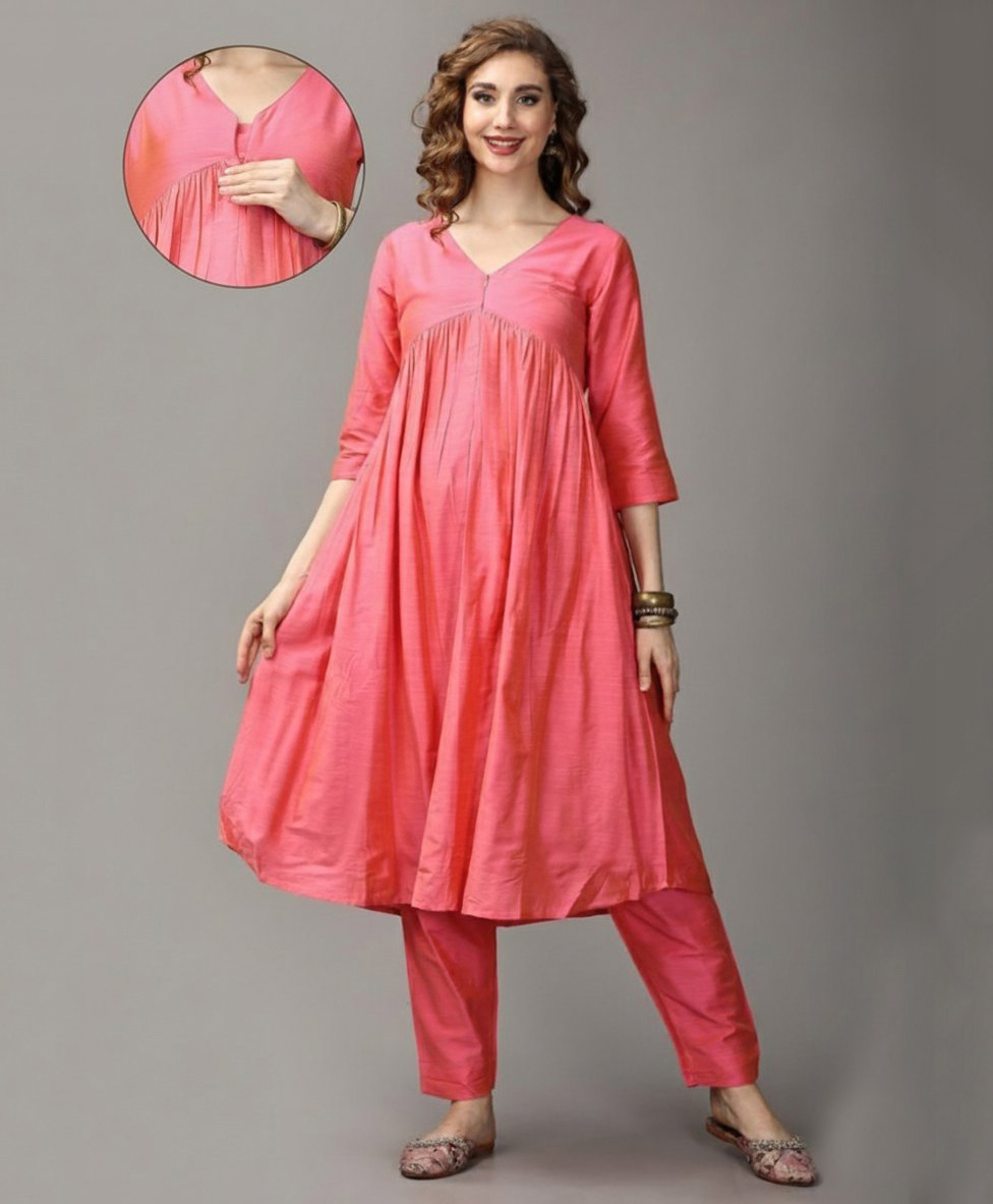 The Mom Store Silk Woven Three Fourth Sleeves Solid Maternity Kurti With Front Zipper Nursing Access & Salwar Set - Pink-picture-37