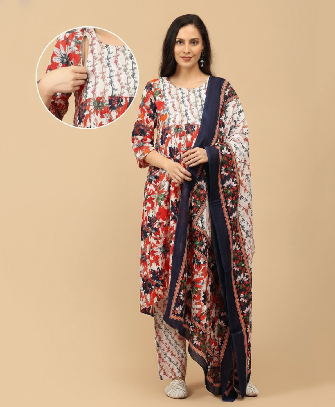 The Mom Store Cotton Woven Three Fourth Sleeves Floral Printed Maternity Kurti With Side Zipper Nursing Access & Pant Dupatta Set - Multi Colour-image-16