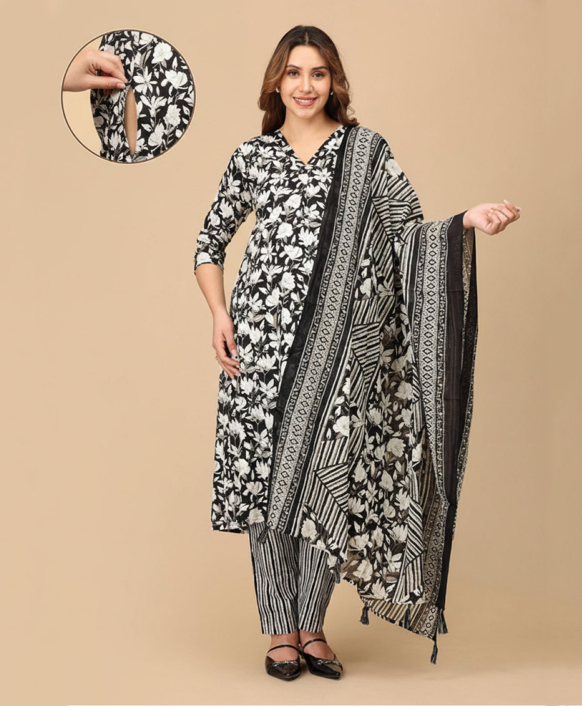 The Mom Store Cotton Woven Three Fourth Sleeves Floral Printed Maternity Kurti With Side Zipper Nursing Access & Pant Dupatta Set - Multi Colour-picture-47