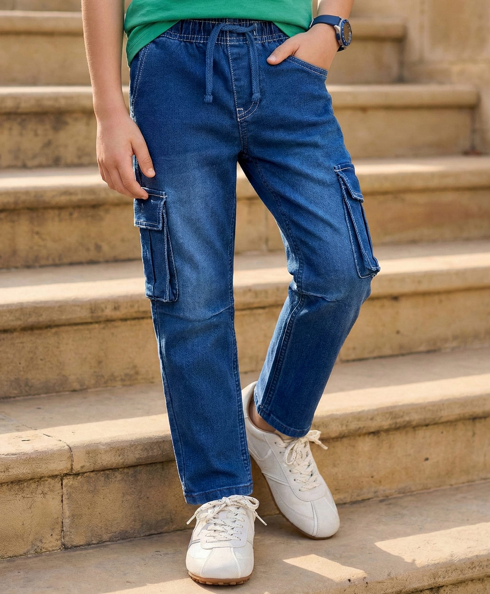Pine Kids Denim Woven Full Length Washed Jeans With Cargo Pockets - Navy Blue-picture-10