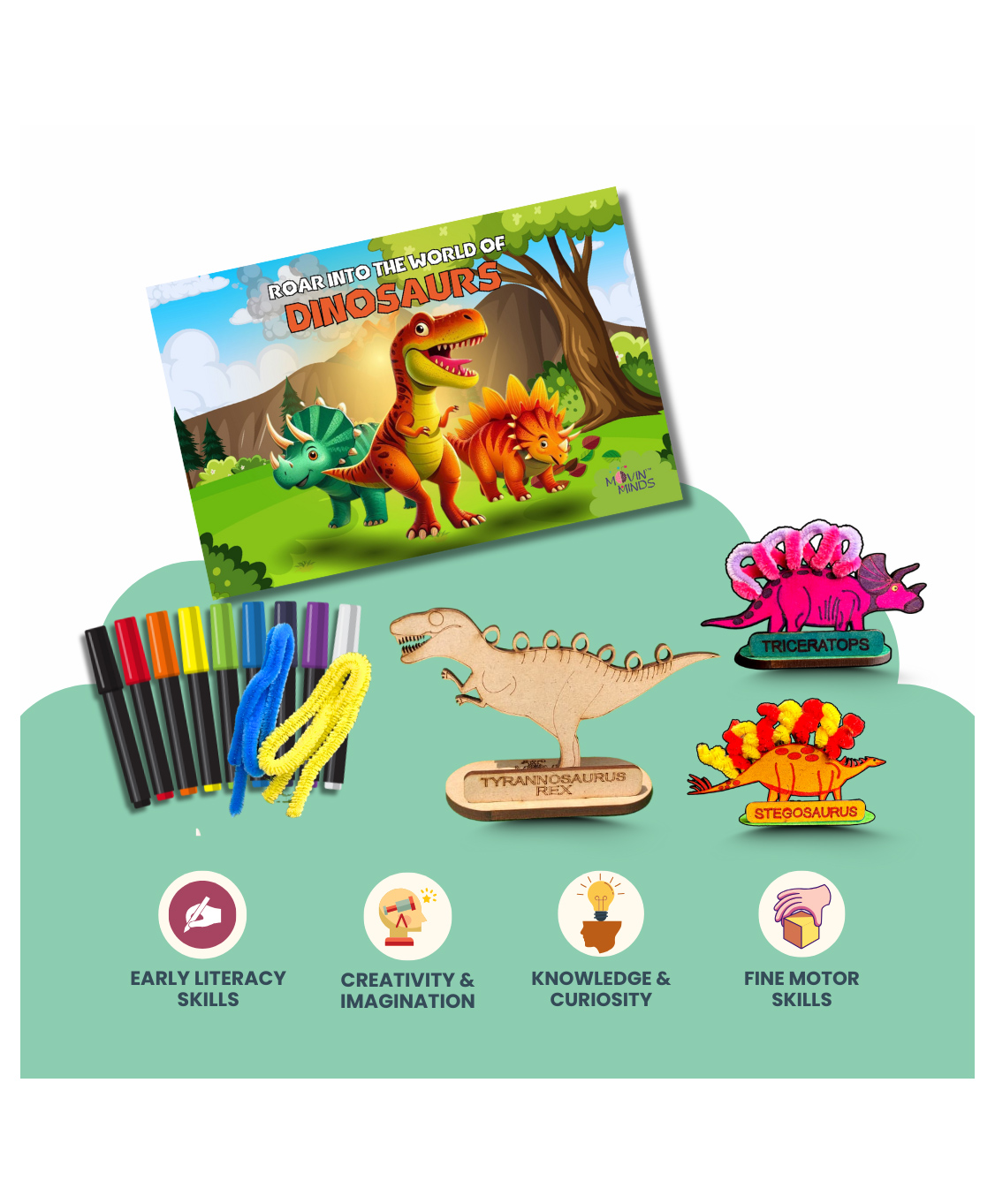 Movin' Minds DIY Dinosaurs : Colour & Play kit | T-Rex, Stegosaurus & Triceratops | Ages 3 and up birthday gift, craft and painting kit for kids, birthday return gifts-image-41