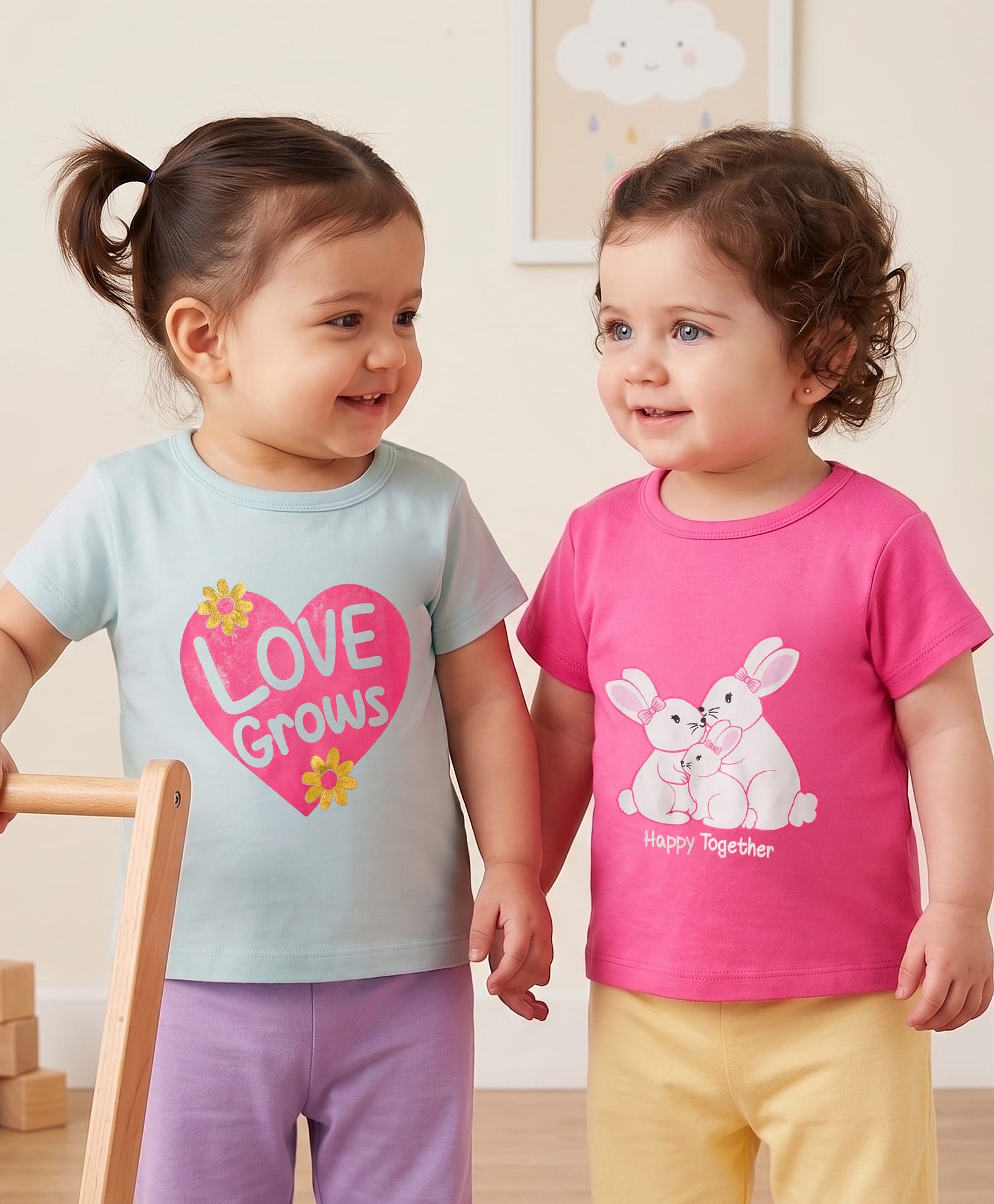 Babyoye 100% Cotton Interlock Knit Half Sleeves T-Shirts With Eco Jiva Finish Bunny & Heart Print Pack of 2 - Multicolor-picture-23