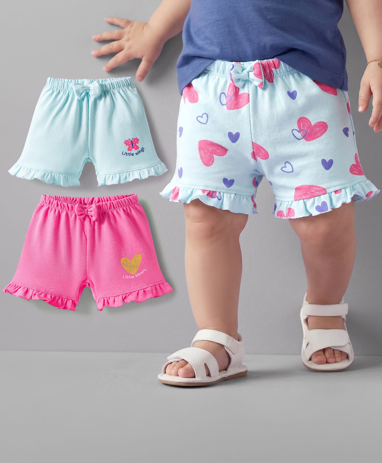 Babyoye 100% Cotton Knit With Eco Jiva Finish Knee Length Heart Printed Shorts with Bow Applique & Frill Detailing Pack of 3 - Light Blue & Pink-image-8