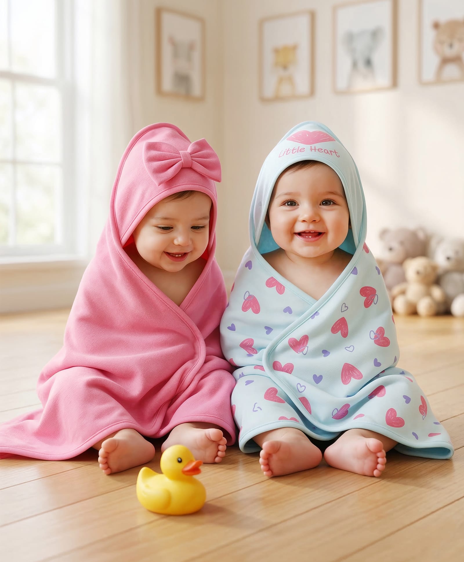 Babyoye 100% Cotton Interlock Knit Towel & Wrappers With Eco Jiva Finish & Heart Print Pack of 2 L 80 x B 80 cm - Pink & Blue-image-41