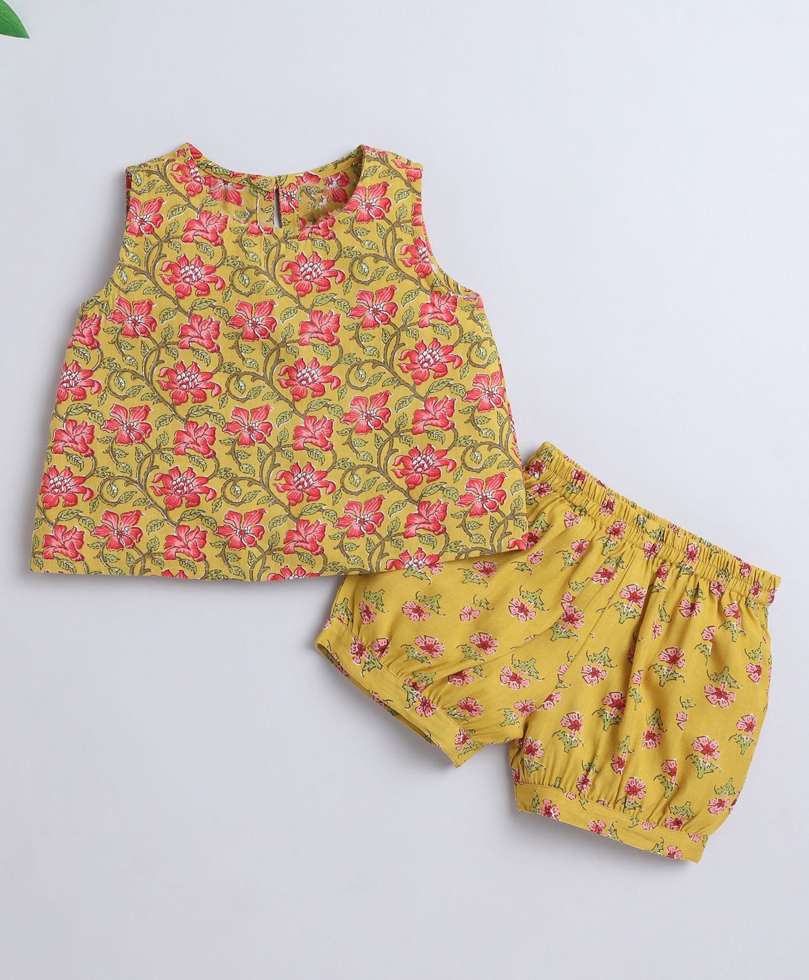 The Magic Wand Cotton Woven Sleeveless Floral Printed Top & Shorts Night Suit Set Set - Mustard-image-9