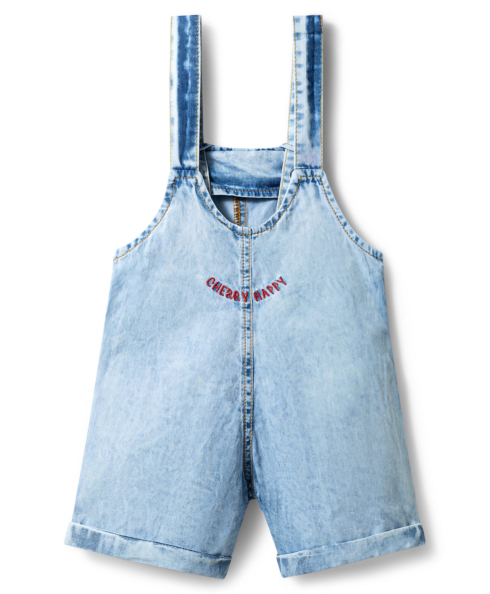 Bonfino 100% Cotton Woven Sleeveless Denim Dungaree with Cherry Happy Embroidery - Light Blue-image-37