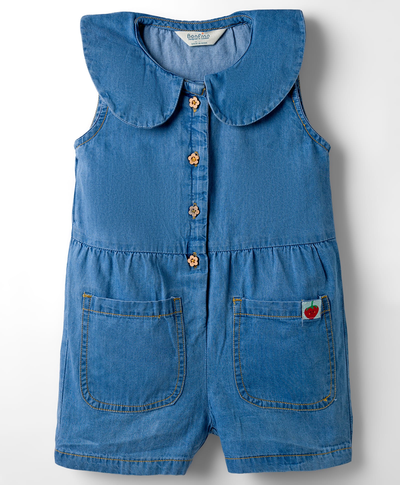 Bonfino 100% Cotton Woven Sleeveless Peter Pan Collar Denim Jumpsuit - Blue-image-35