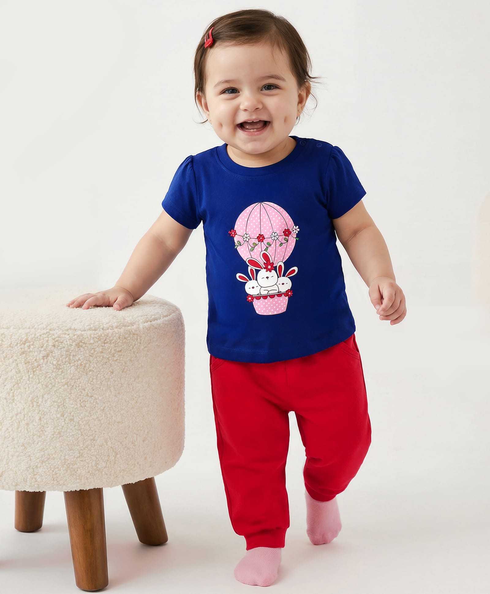 Doodle Poodle 100% Cotton Single Jersey Knit Half Sleeves Top & Lounge Pant Set with Bunny Graphic & Bow Applique - Navy Blue & Red-picture-23