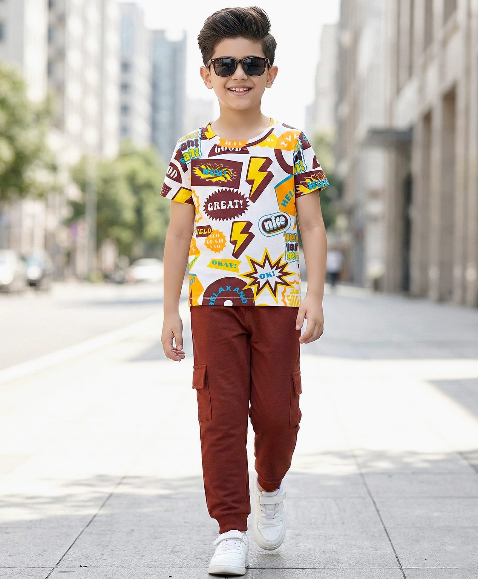 OLLINGTON ST. Cotton Knit Half Sleeves Printed T-Shirt & Joggers Set - Multicolor & Brown