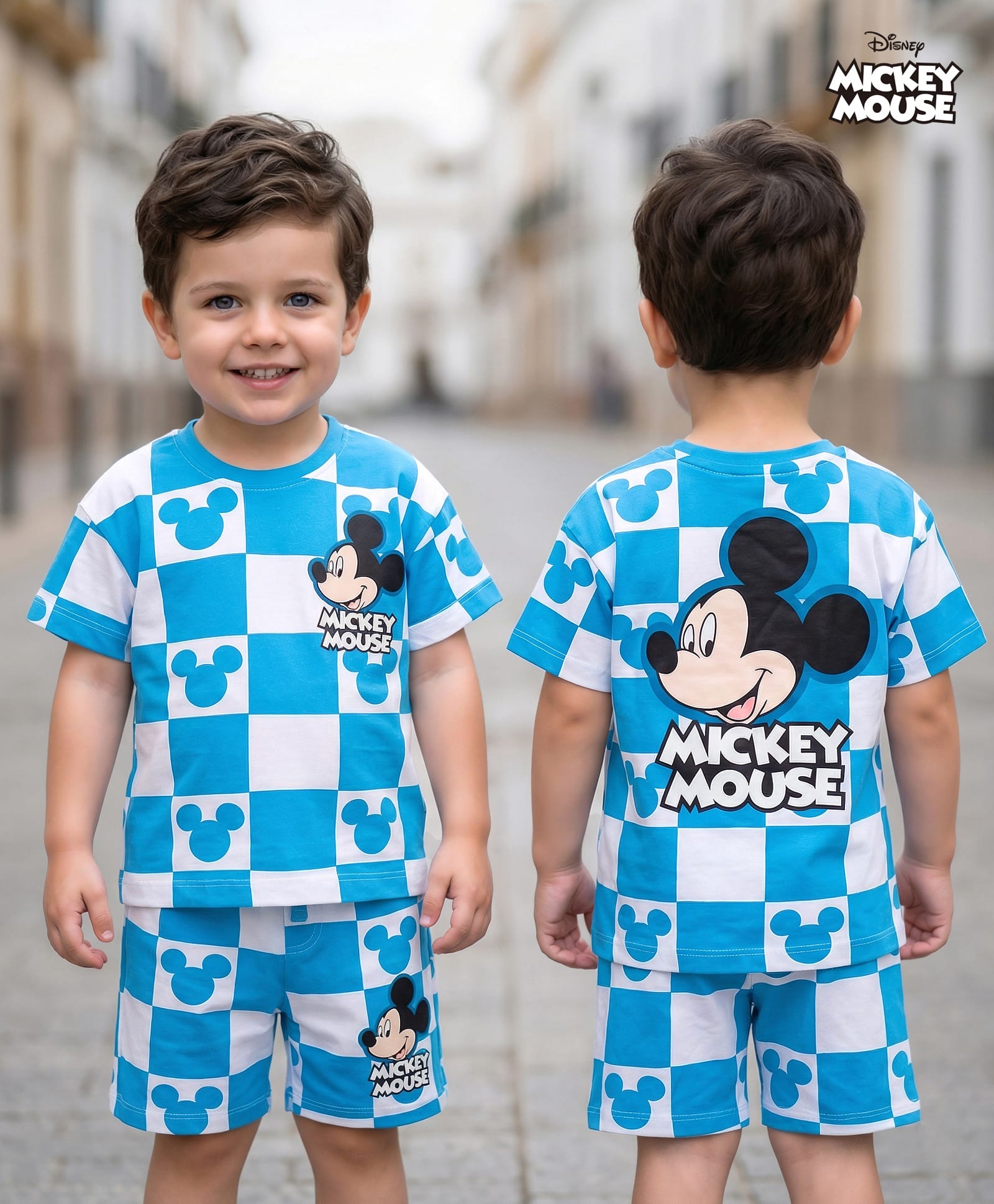 Babyhug Disney Single Jersey Knit Drop Shoulder Half Sleeves Oversized T-Shirt & Shorts Co-ord Set With Mickey Mouse Front & Back Print - Blue & White-picture-15
