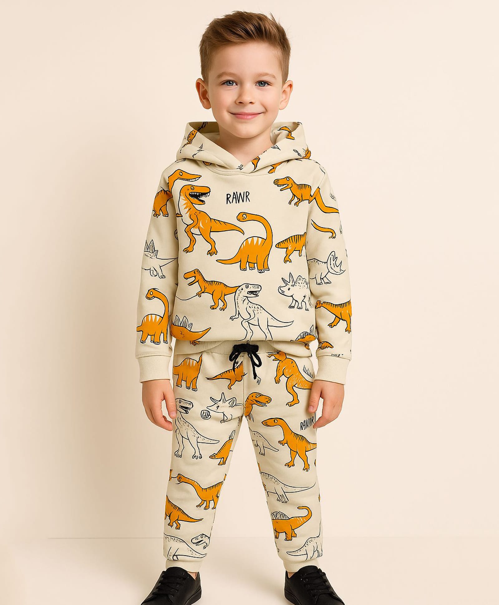 Little Marine Cotton Blend Knit Full Sleeves Dinosaur Printed Coordinating Hooded Sweatshirt With Pajama Set - Cream-picture-35