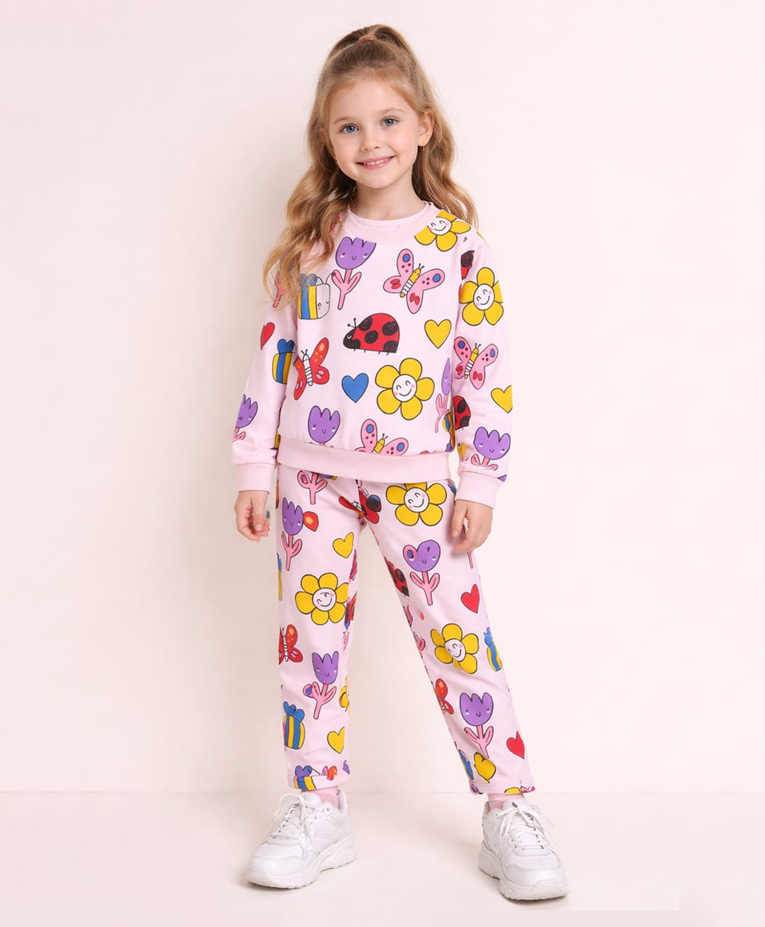 Little Marine Cotton Blend Knit Full Sleeves Butterfly & Floral Printed Coordinating Sweatshirt With Pajama Set - Light Pink-picture-27