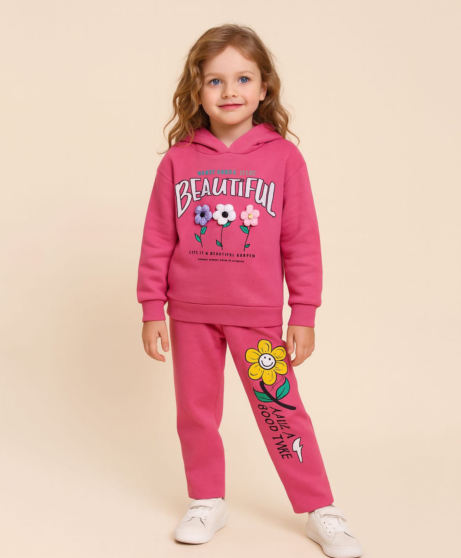 Little Marine Cotton Blend Knit Full Sleeves Beautiful Text Printed Floral Applique Detailed Hooded Sweatshirt With Pajama Set - Dark Pink-picture-25