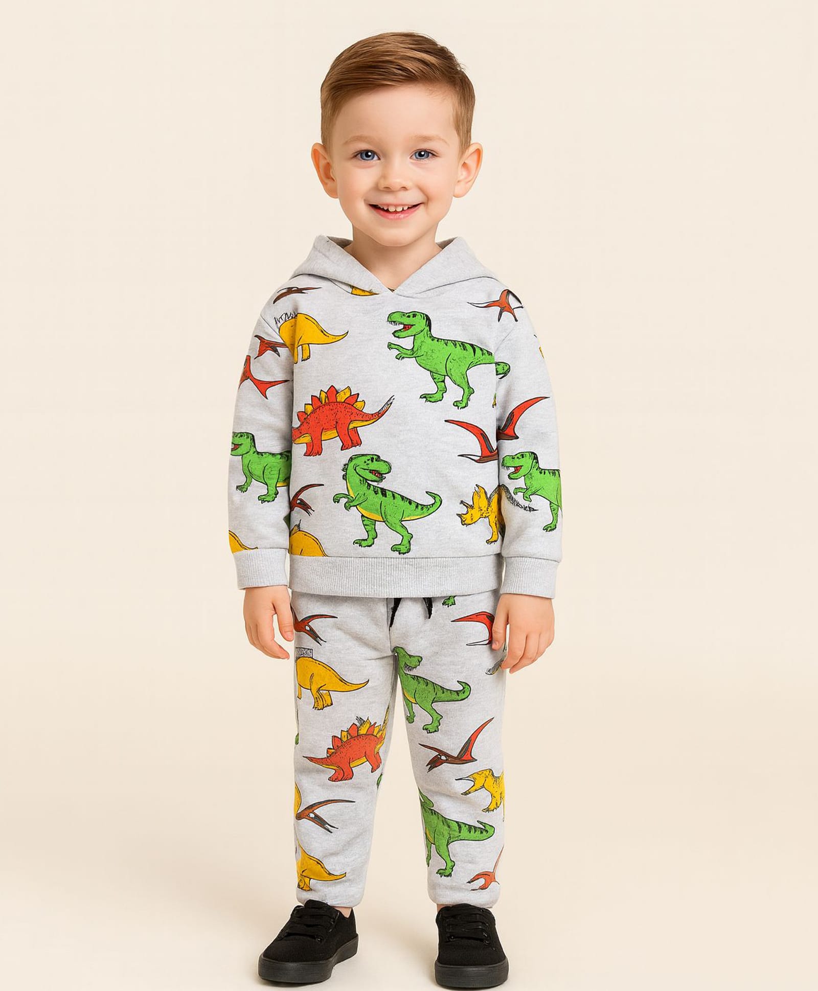Little Marine Cotton Blend Knit Full Sleeves Dinosaur Printed Coordinating Hooded Sweatshirt With Pajama Set - White-picture-16