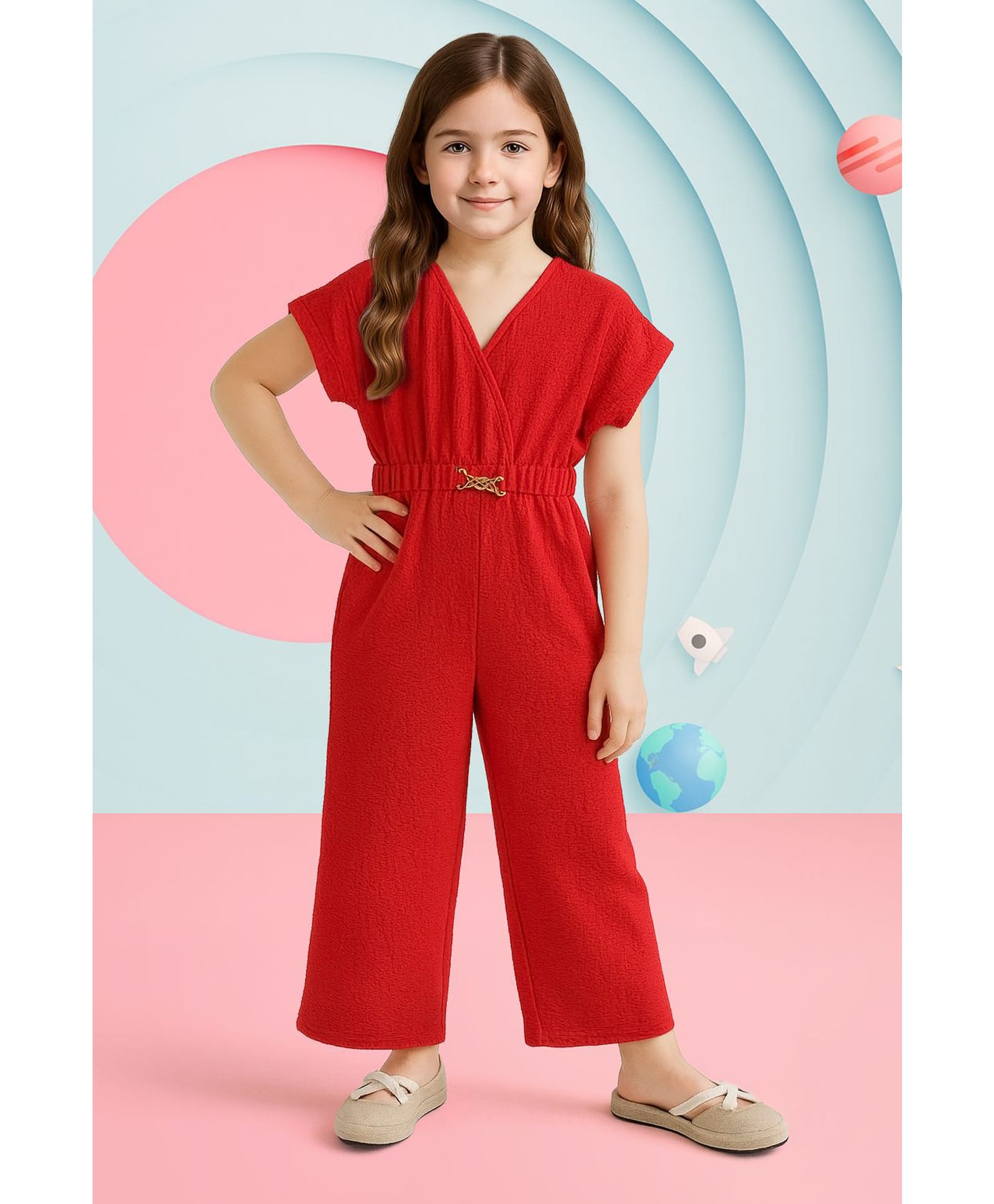 Little Marine Cotton Blend Knit Cap Sleeves Solid Textured Jumpsuit - Red-picture-28