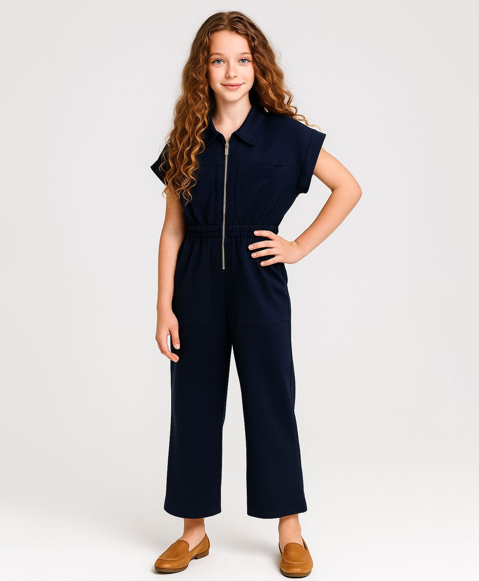 Little Marine Cotton Blend Knit Cap Sleeves Solid Textured Jumpsuit - Navy Blue-picture-37