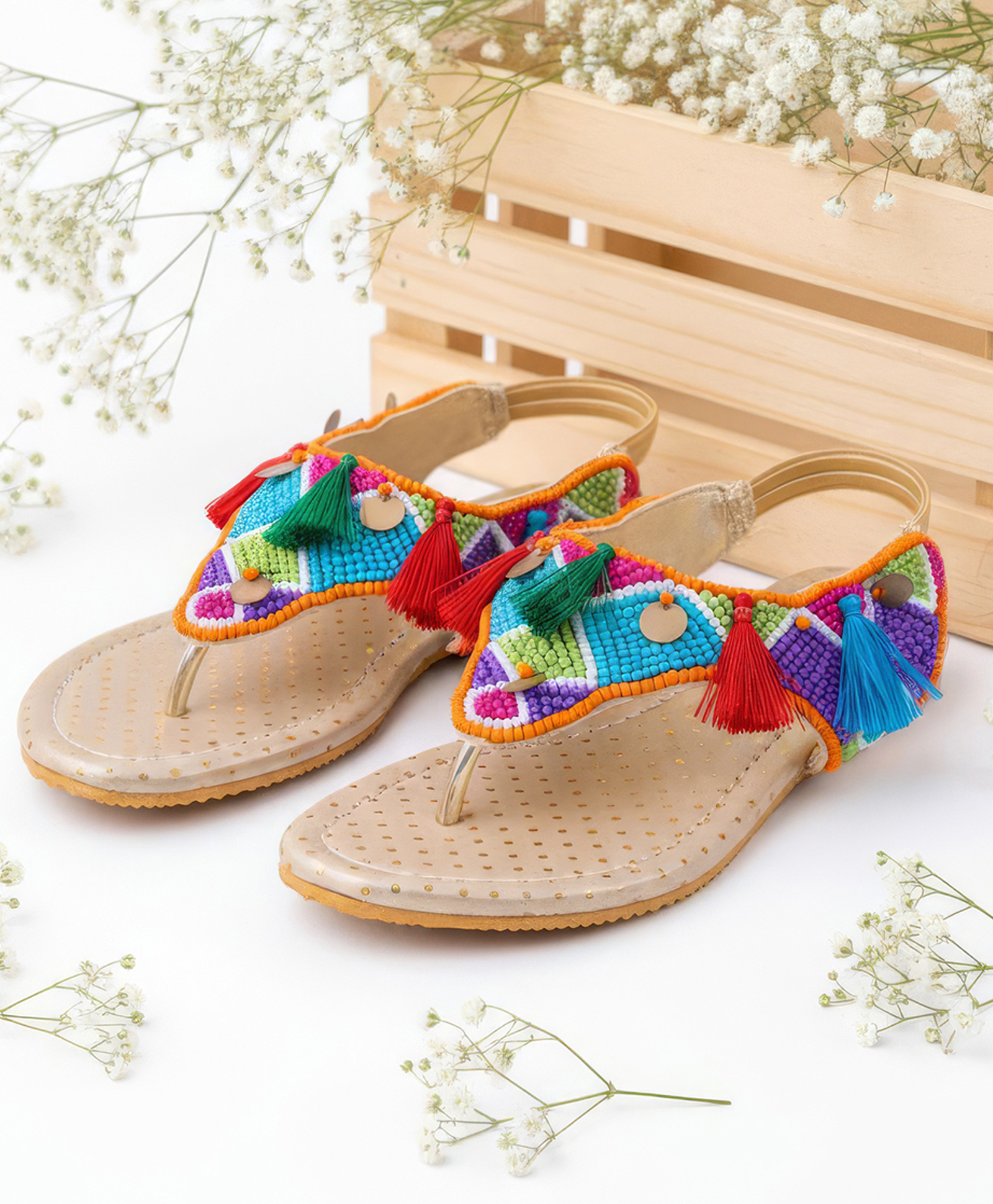 LIL PITAARA Beads Embellished & Tassels Detailed Zari Sandals - Gold-picture-26