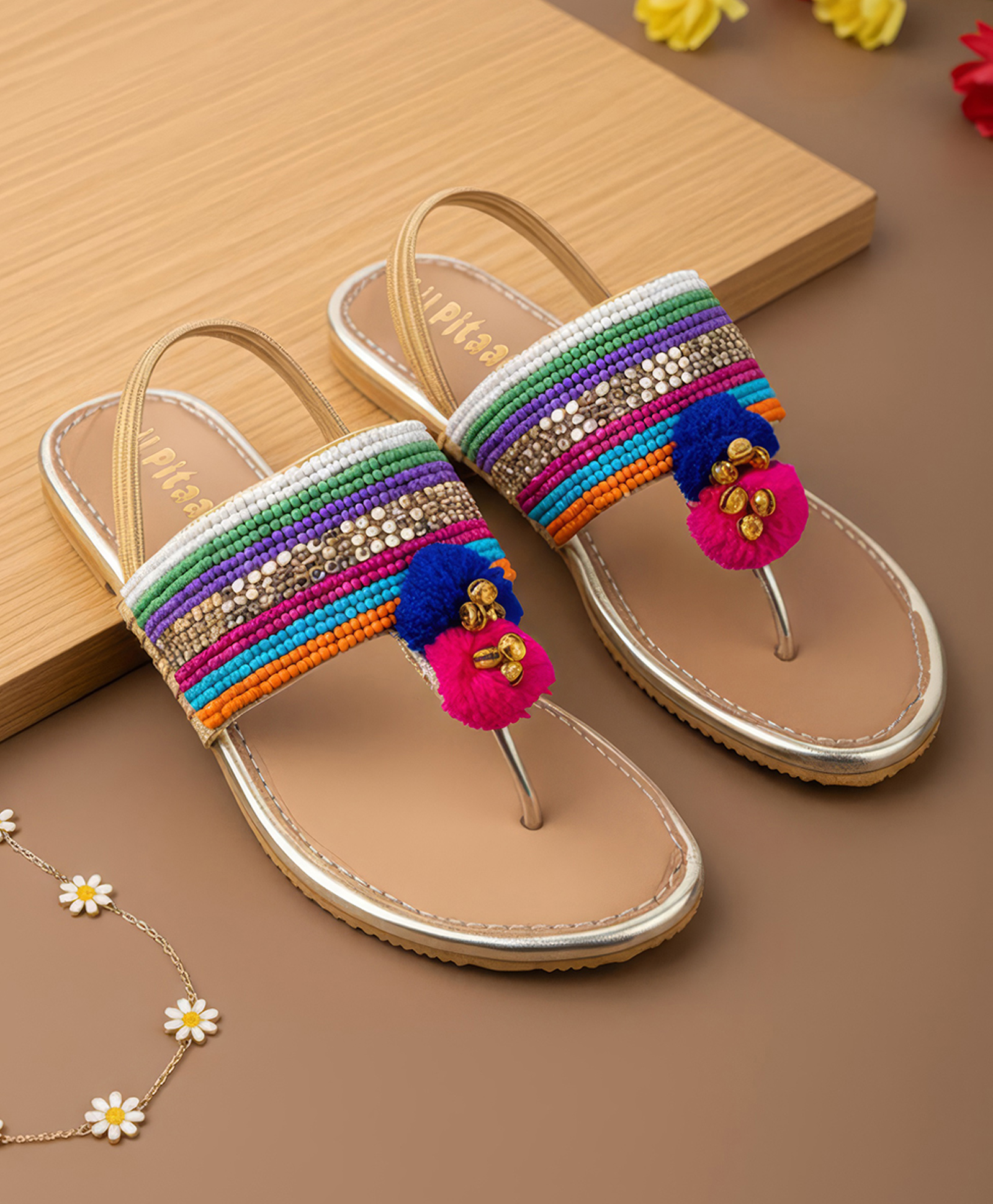 LIL PITAARA Beads & Pom Pom Embellished Zari Sandals - Gold-picture-10
