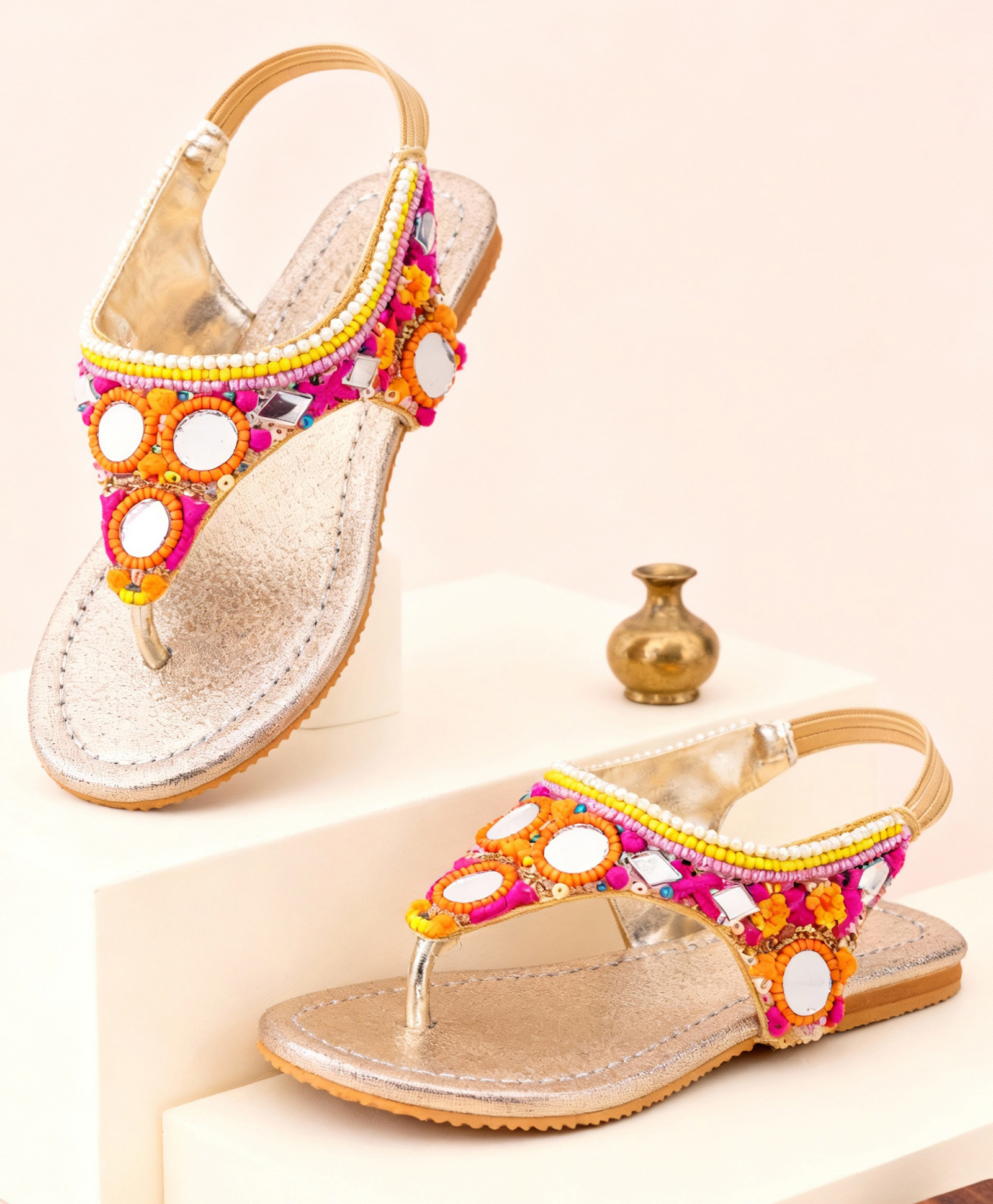 LIL PITAARA Beads & Mirror Work Embellished Zari Sandals - Gold-picture-12