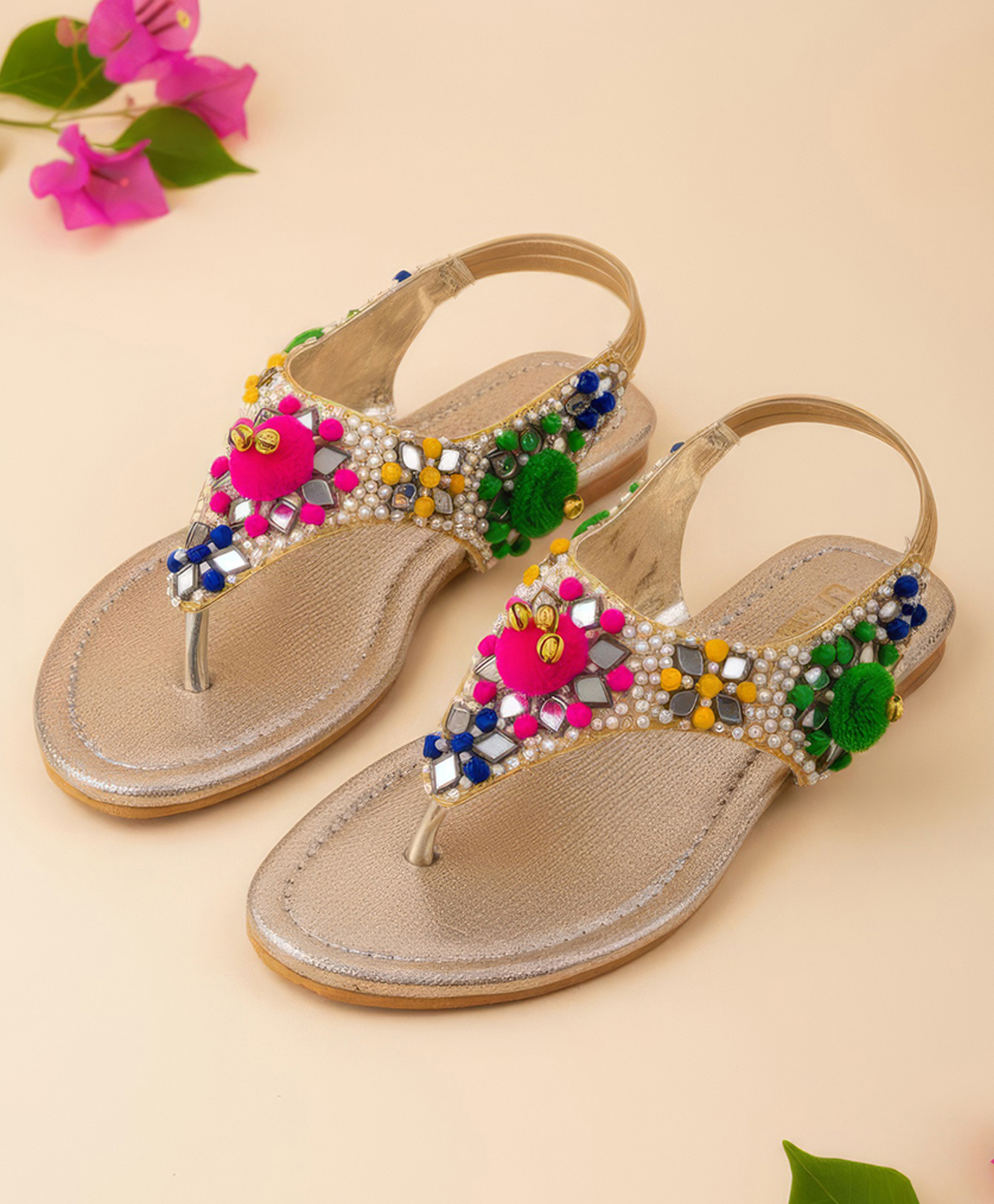LIL PITAARA Beads & Mirror Work Embellished Zari Sandals - Gold-picture-28