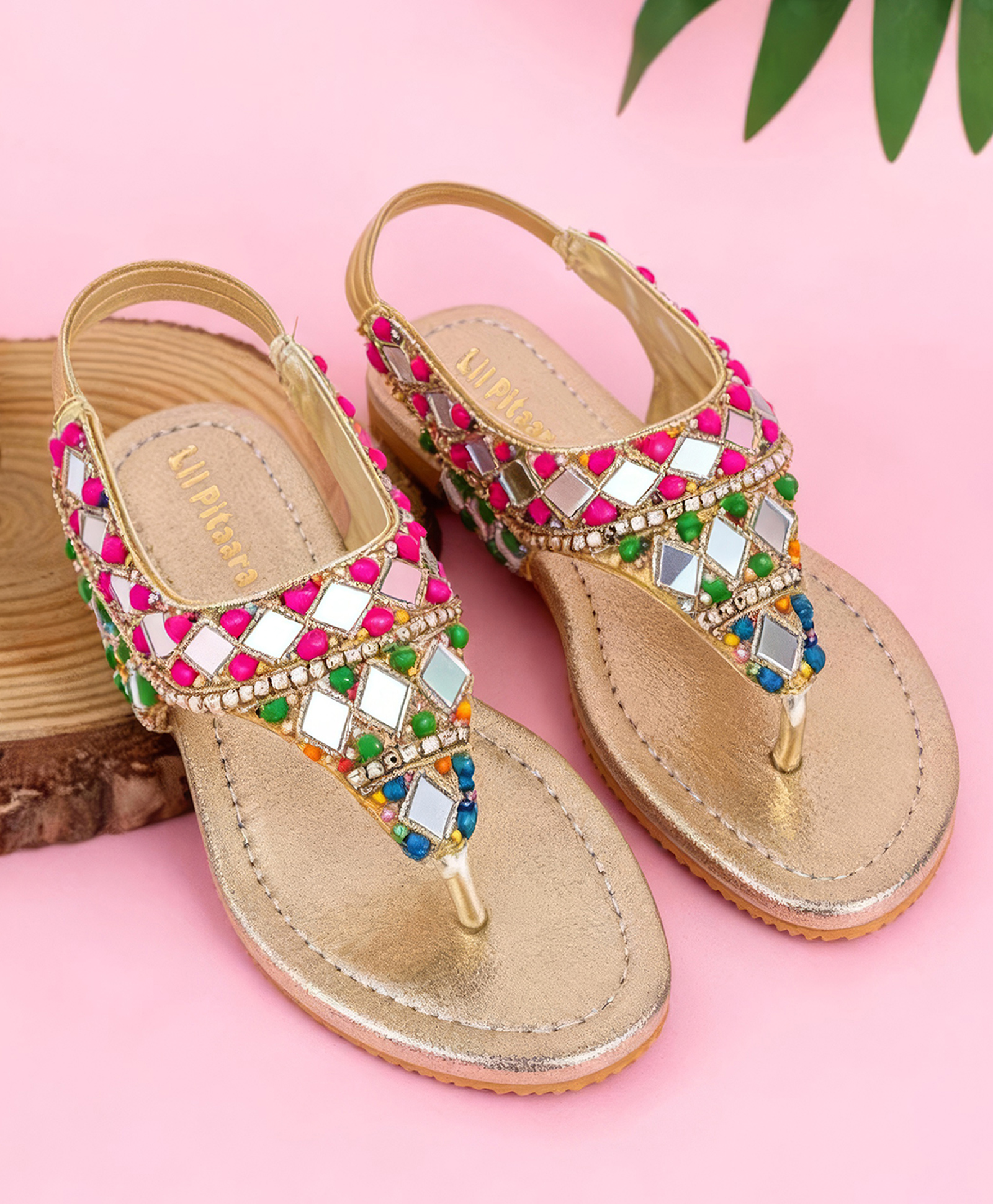 LIL PITAARA Beads & Mirror Work Embellished Zari Sandals - Gold-picture-27