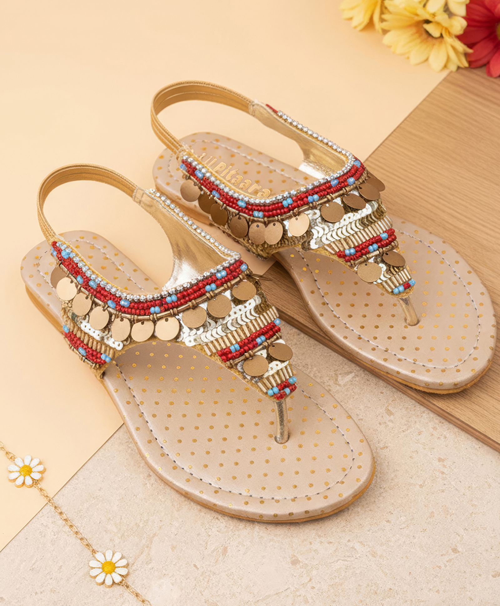 LIL PITAARA Beads & Sequins Embellished Zari Sandals - Gold-picture-10