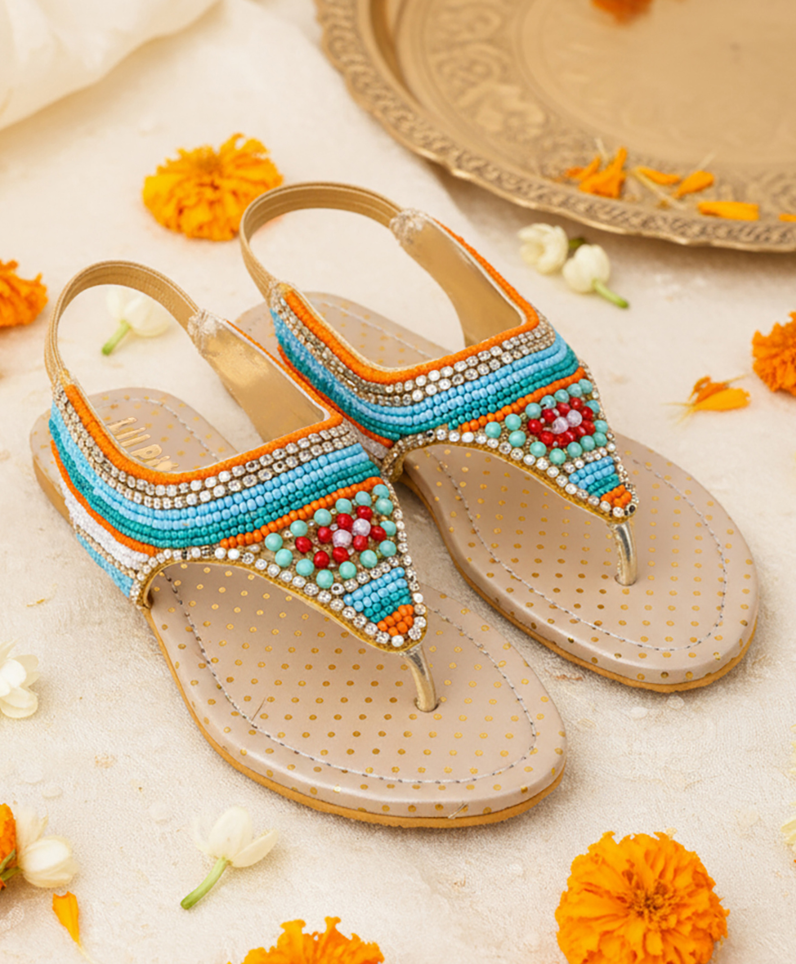 LIL PITAARA Beads & Stones Embellished Zari Sandals - Gold-picture-18