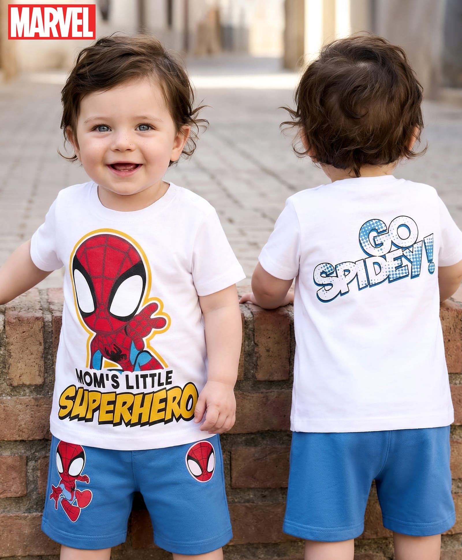 Babyhug Marvel Single Jersey Knit Half Sleeves T-Shirt & Shorts Set with Front & Back Spiderman Graphic - Blue & White-picture-12