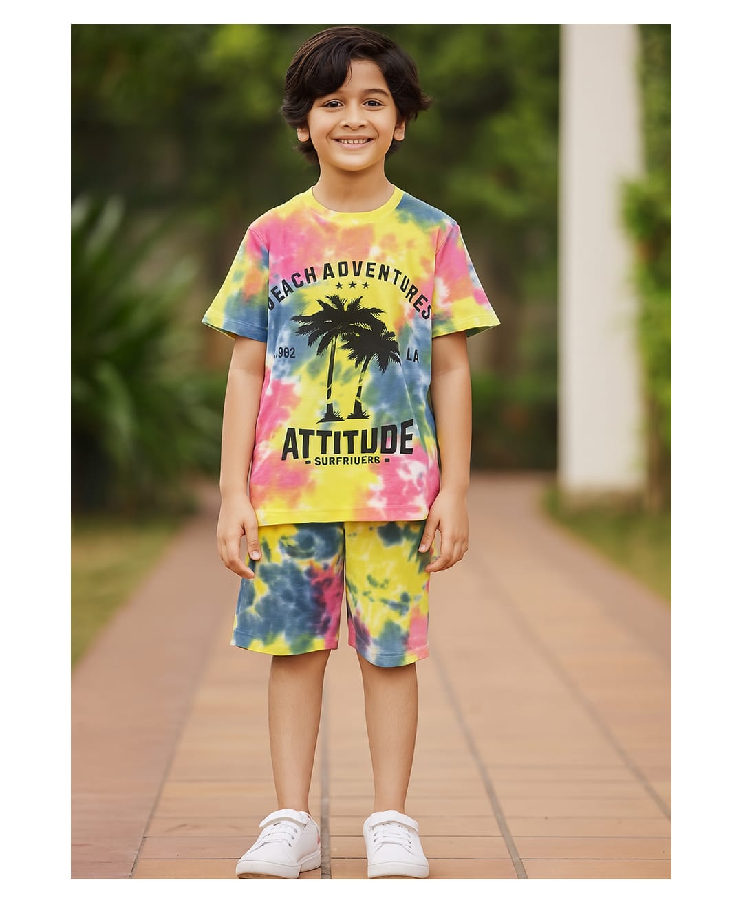 Unicorns Cotton Knit Half Sleeves Tie & Dye Beach Adventures Attitude Text Printed Coordinating Tee & Shorts Night Suit Set - Multi Colour-image-21