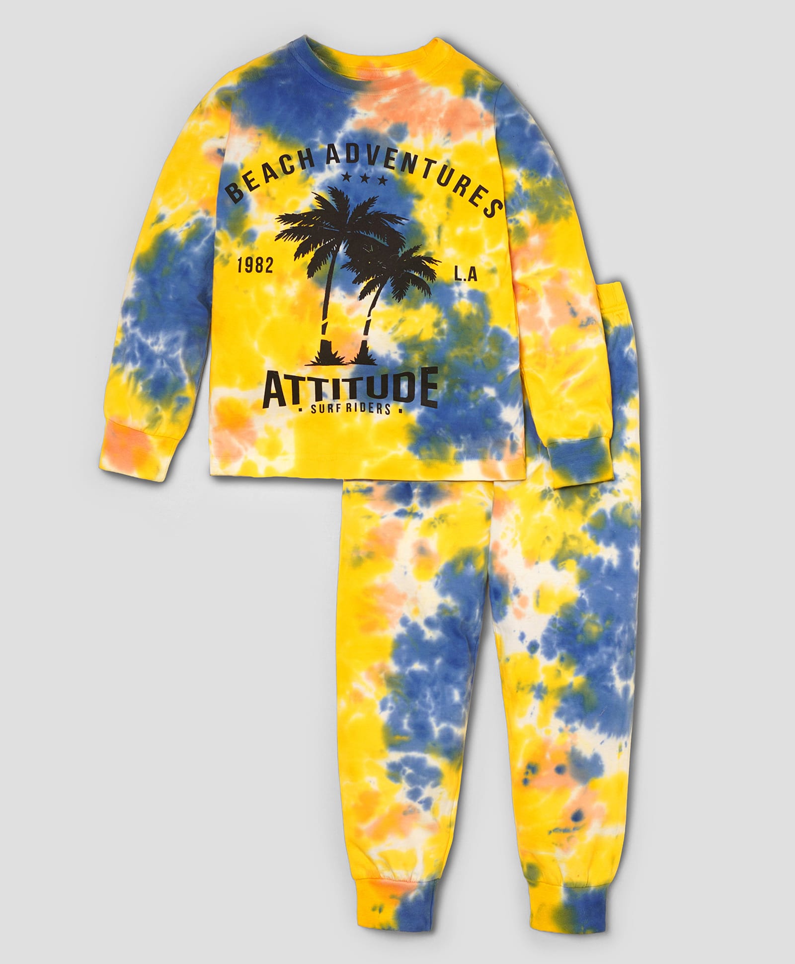 Unicorns Cotton Knit Half Sleeves Tie & Dye Beach Adventures Attitude Text Printed Coordinating Night Suit Set - Yellow & Blue-picture-25