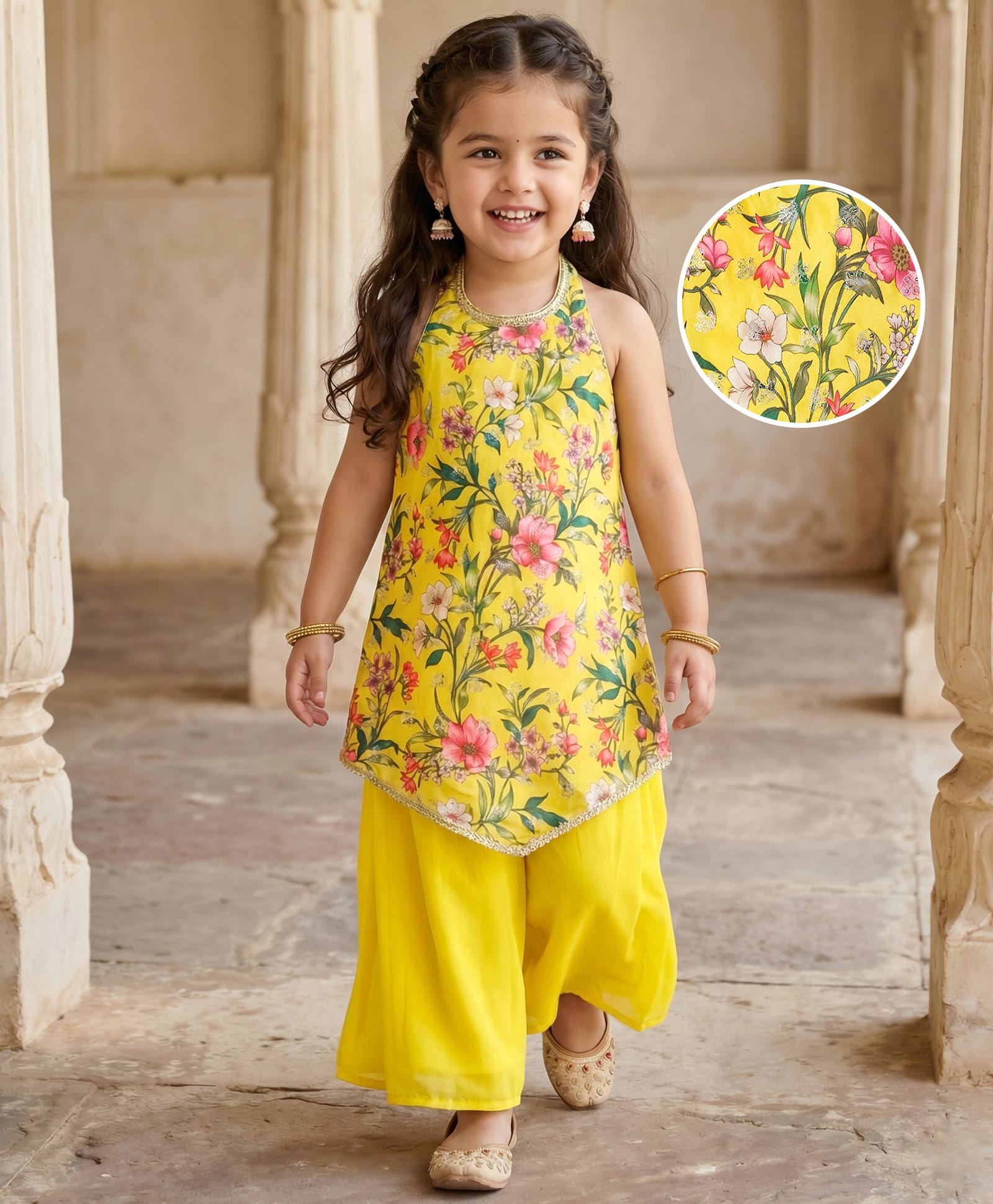 Babyhug Woven Sleeveless Floral Printed Indo Western Set - Yellow-image-14