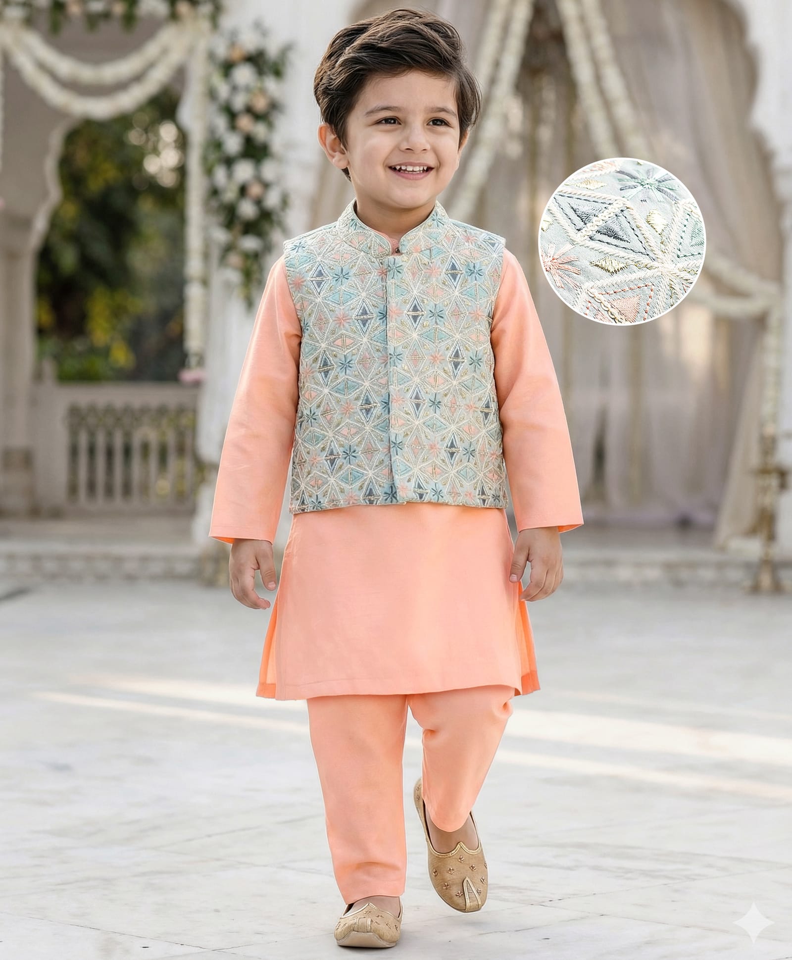 Babyhug Woven Full Sleeves Kurta Pajama Set with Embroidered Jacket - Peach-image-3