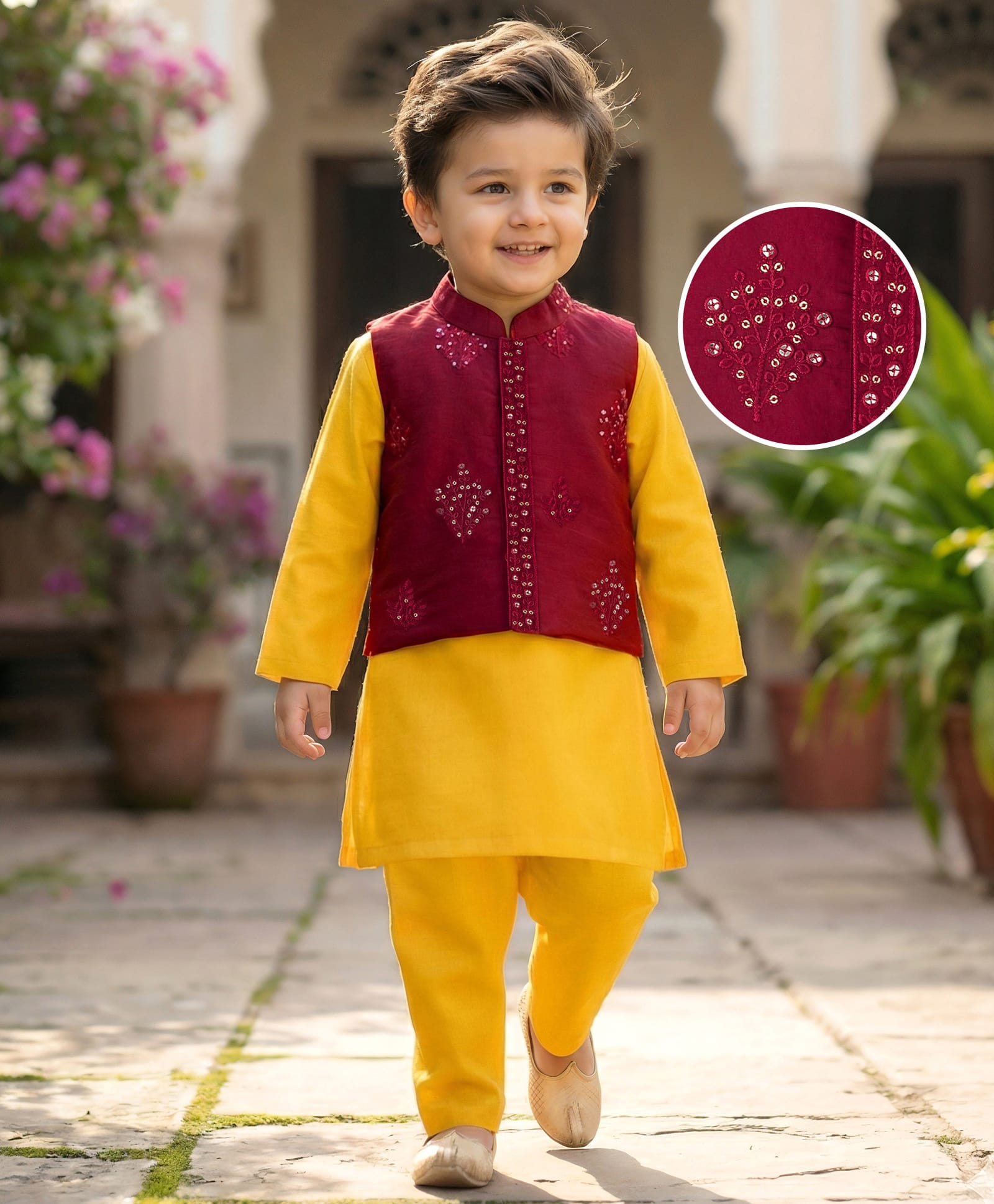 Babyhug Woven Full Sleeves Kurta Pajama & Floral Embroidery Jacket - Rust Orange & Yellow-picture-25
