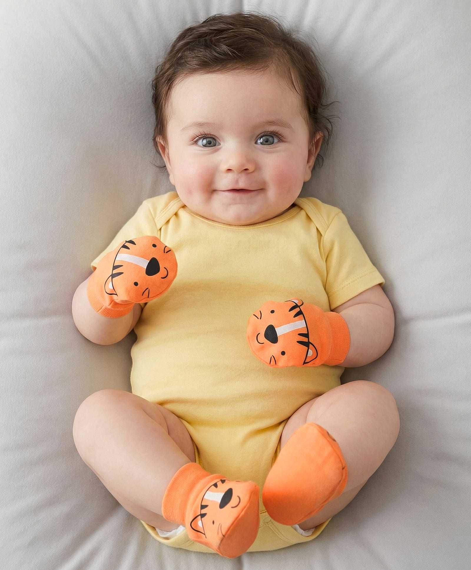 Babyoye 100% Cotton Knit Mittens & Booties With Tiger Print - Orange-image-14