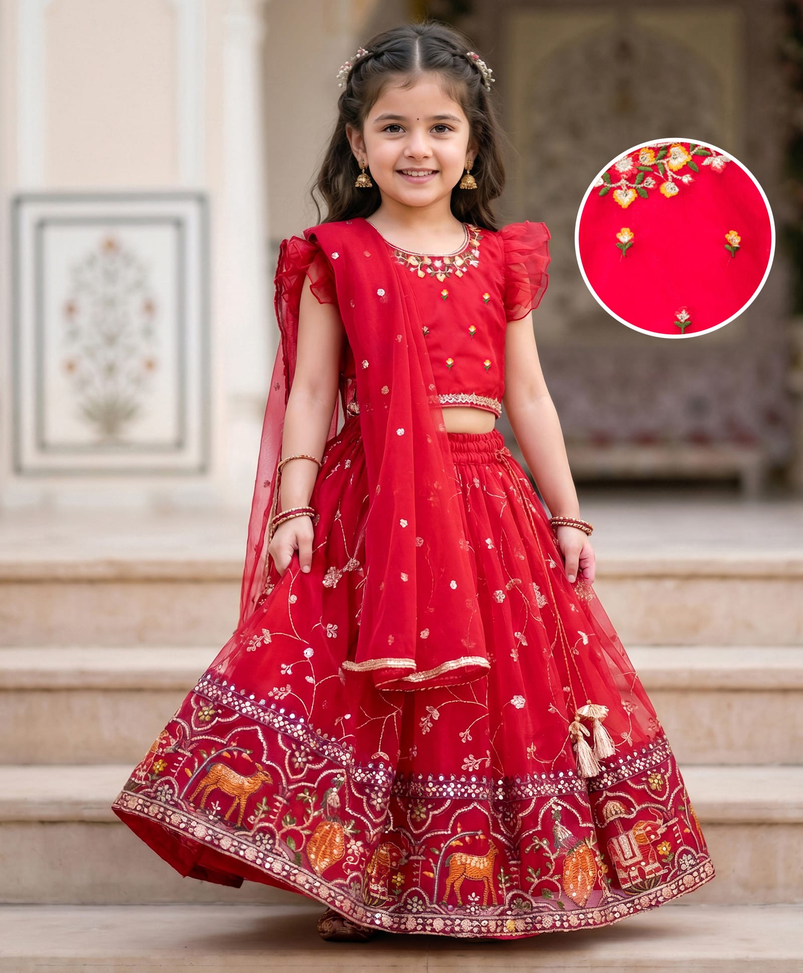 Babyhug Georgette Woven Frill Sleeves Lehenga Choli Set With Floral Embroidery & Dupatta - Red-image-35