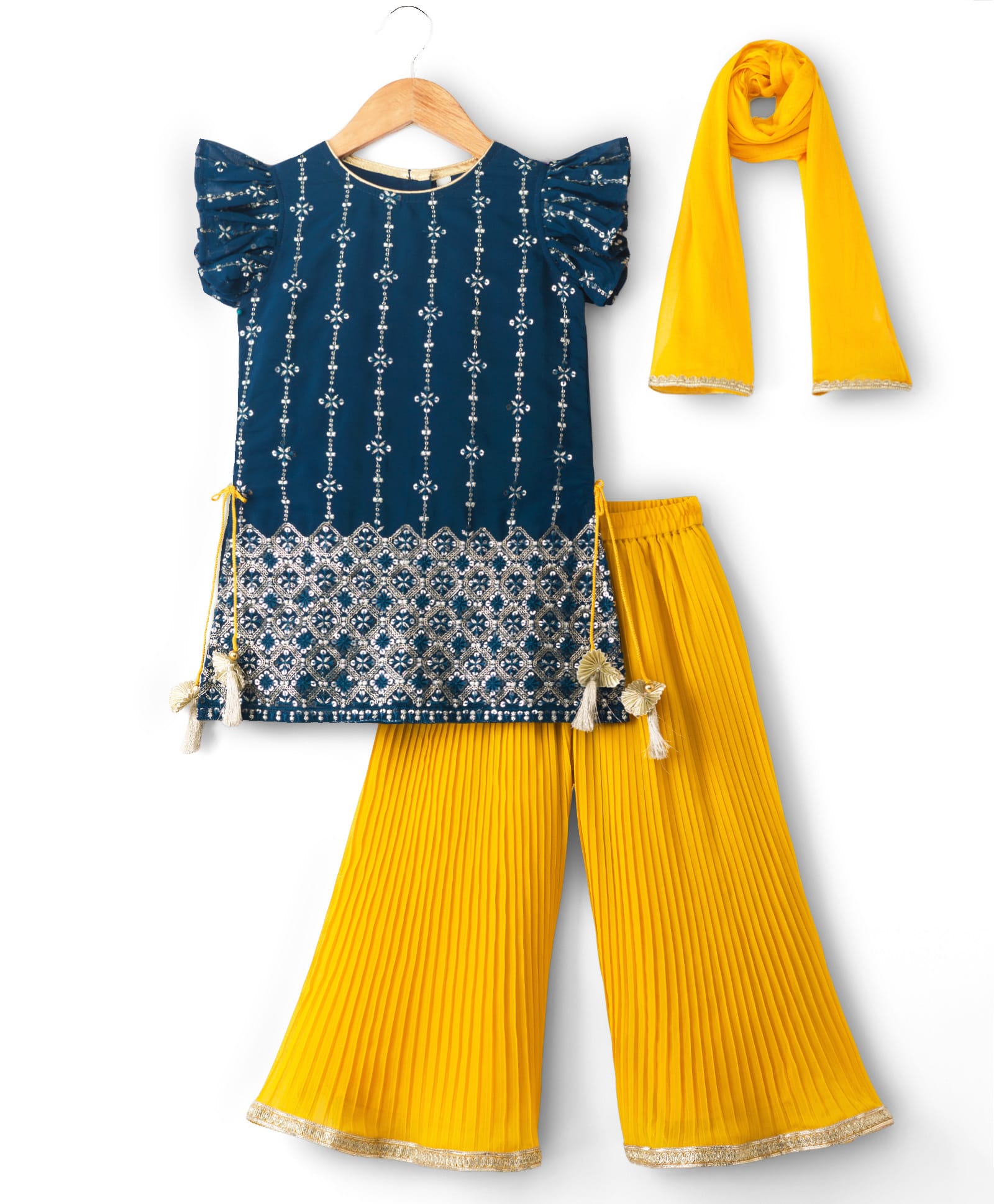 Babyhug Georgette Woven Frill Sleeves Kurti Palazo & Dupatta Set Sequin Embroidery - Navy Blue & Yellow-image-4