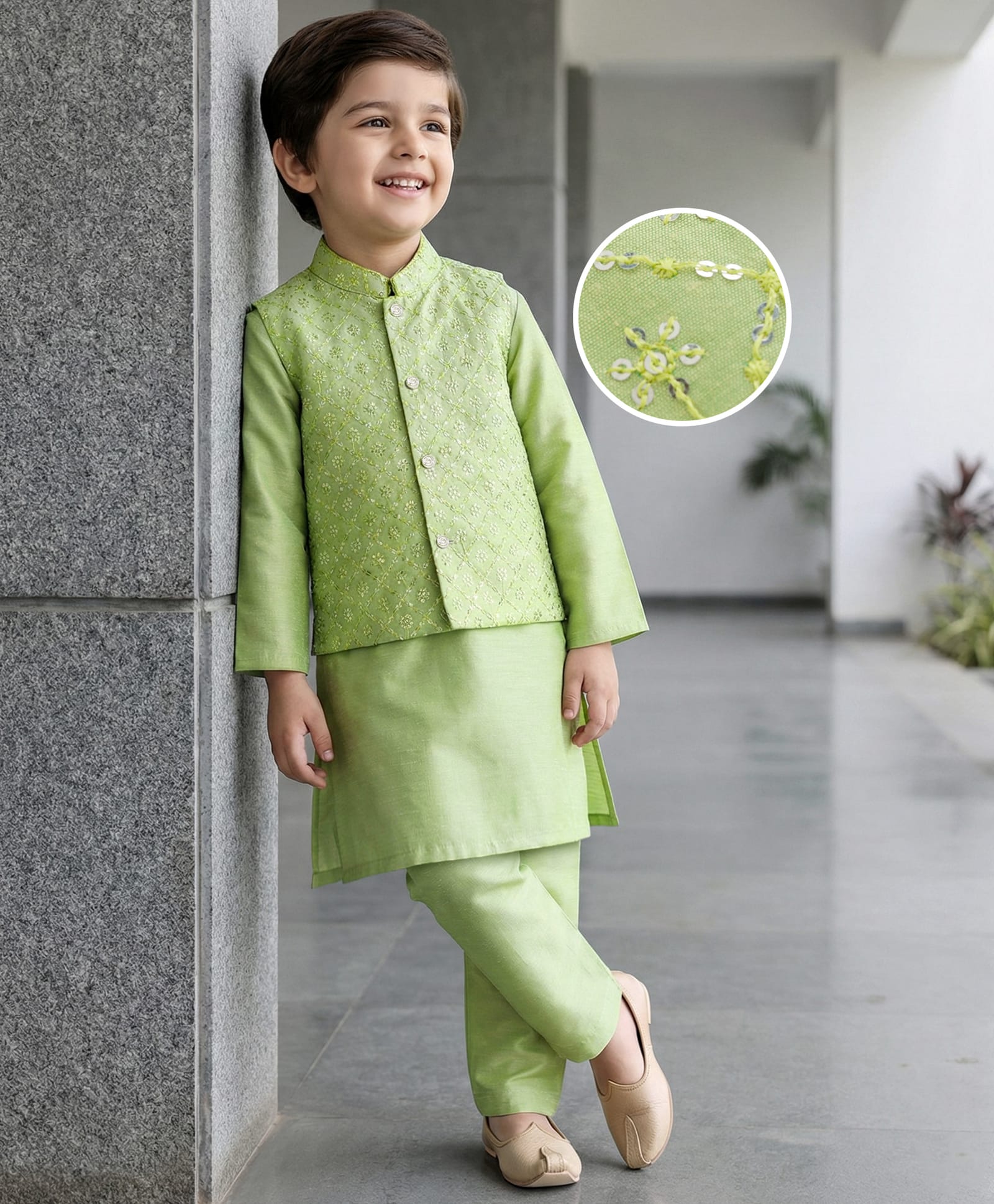 Babyhug Woven Full Sleeves Kurta Pajama Set with Embroidered Waistcoat & Sequin Detailing - Olive Green-image-38