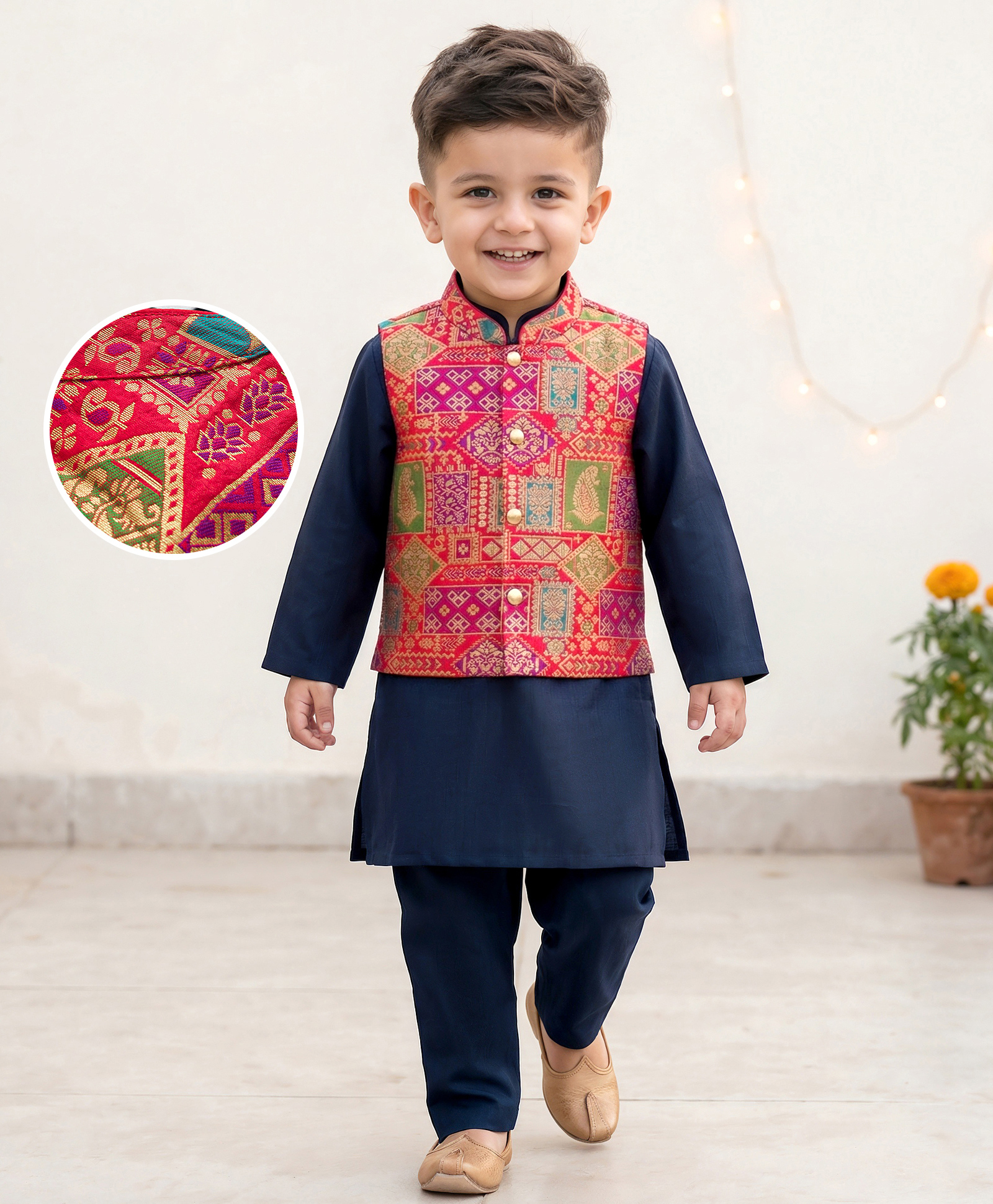 Babyhug Woven Full Sleeves Kurta Pajama Set with Embroidered Jacket - Navy Blue-image-40
