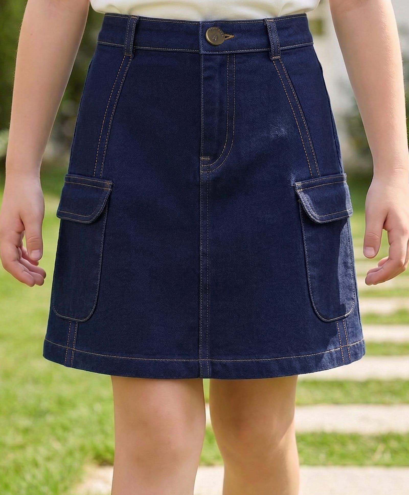 Pine Kids Denim Woven Solid Color Skirt with Pocket - Navy Blue-image-36