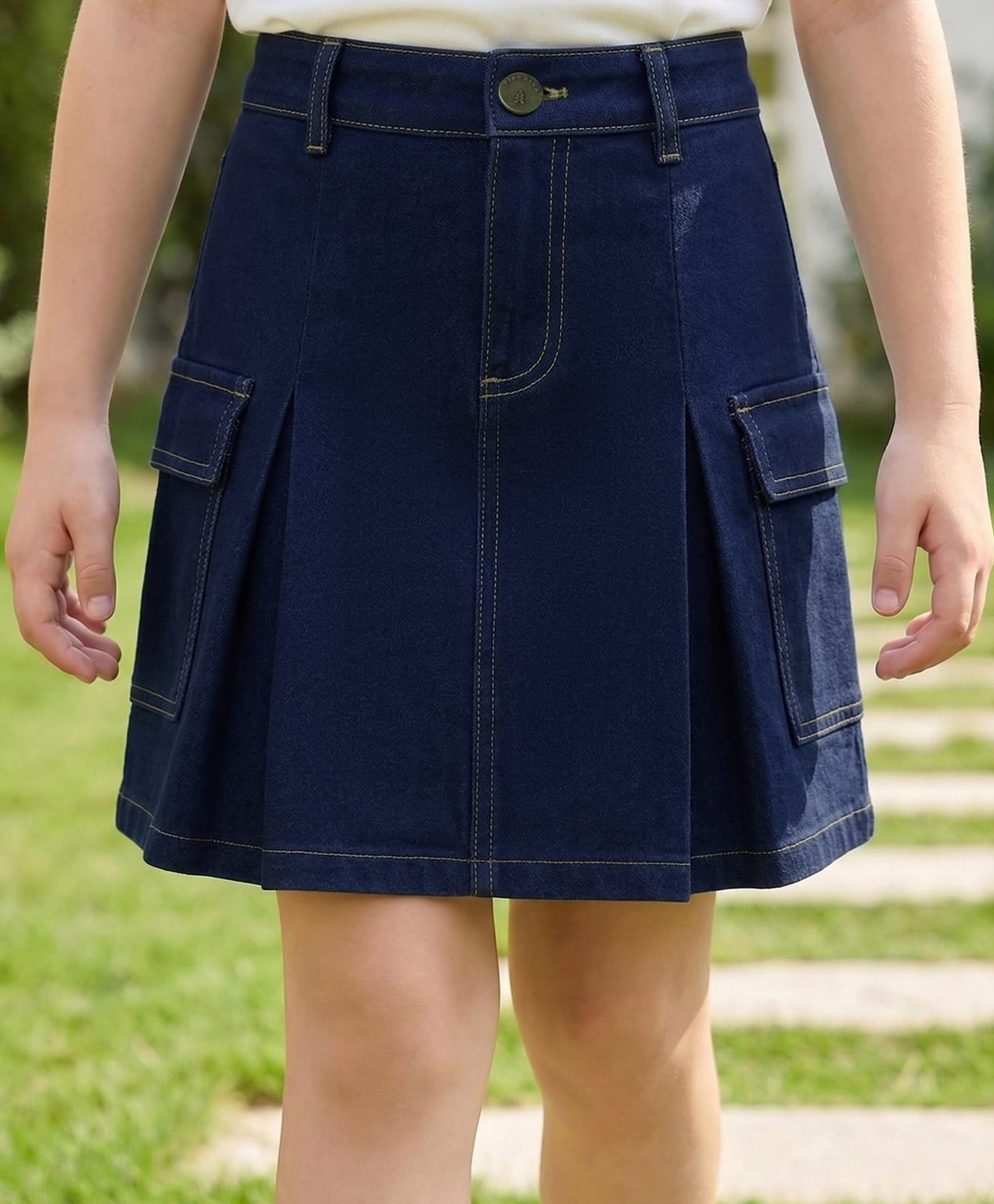 Pine Kids Denim Woven Solid Color Skirt with Pocket - Navy Blue-picture-15