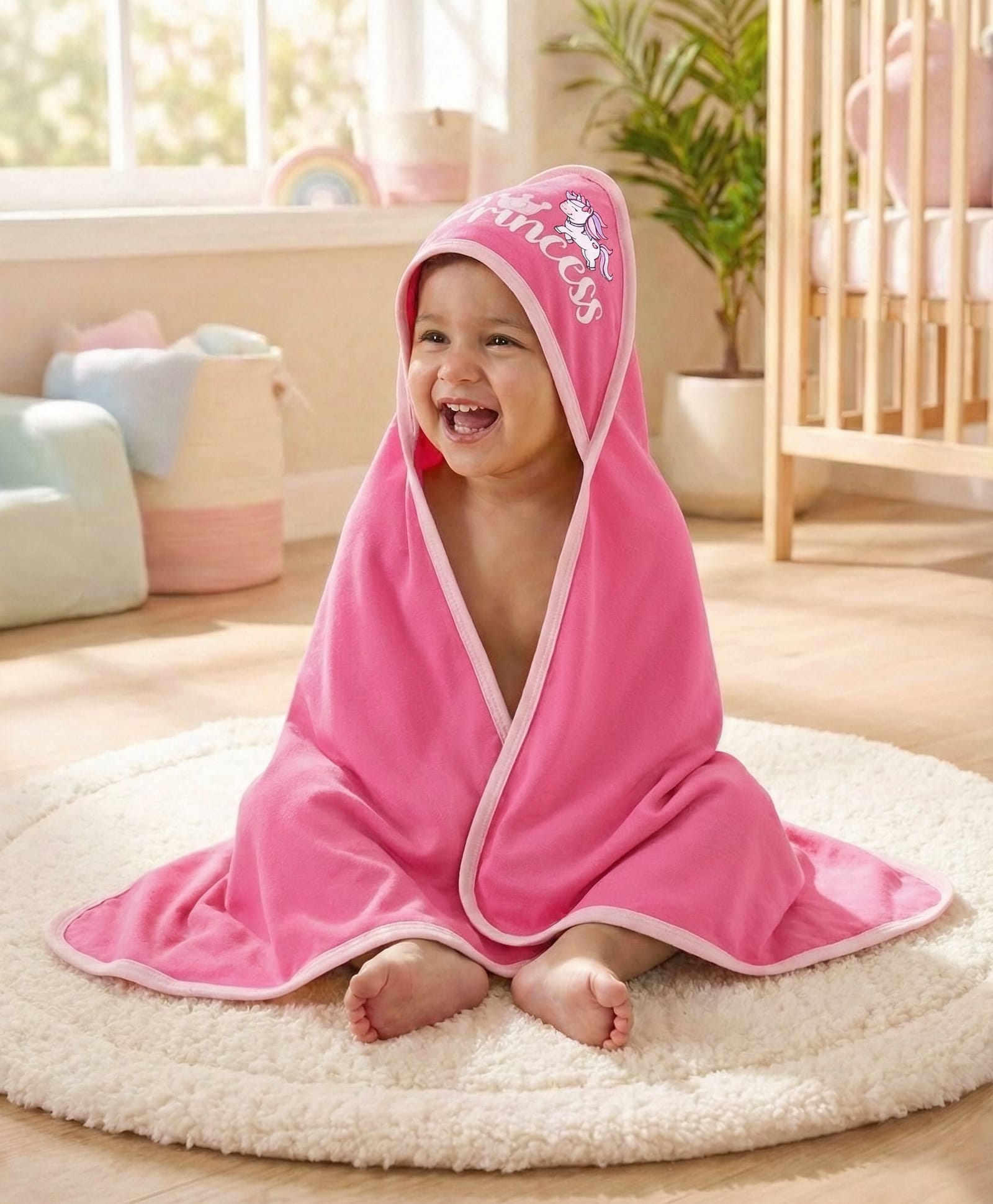 Doodle Poodle Interlock Knit Hooded Wrapper With Unicorn Print L 74 x B 74 cm - Pink