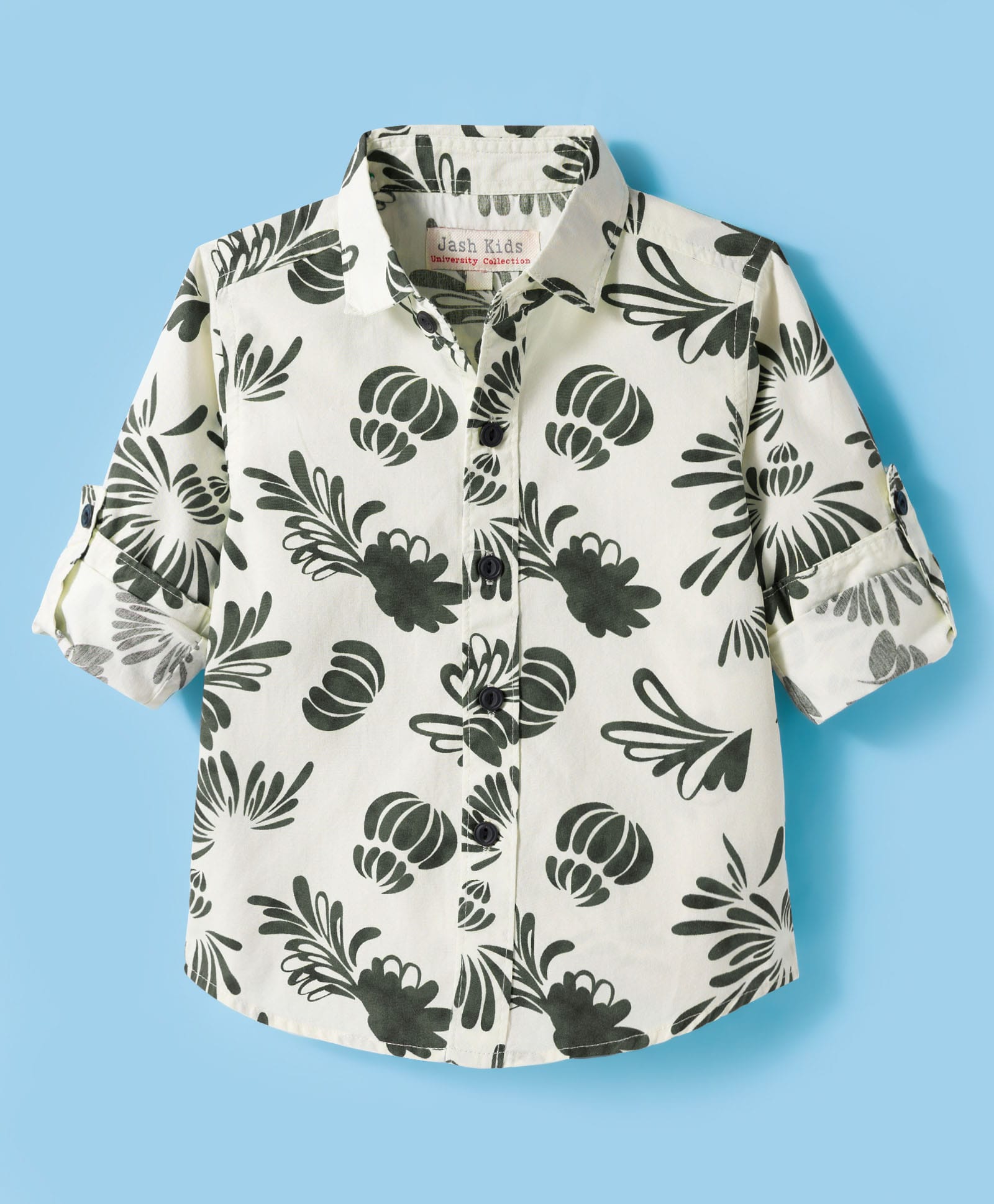 JASH KIDS Cotton Woven Full Sleeves Shirt With Floral Print - Olive Green-picture-11