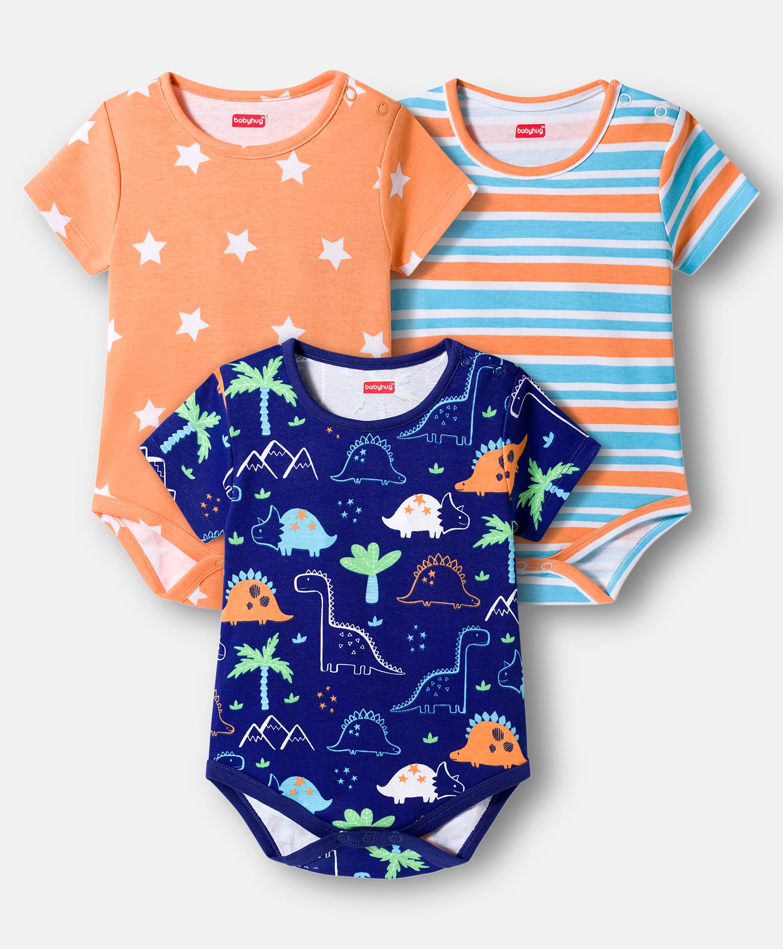 Babyhug 100% Cotton Knit Half Sleeves Striped Onesies with Dino & Star Print Pack of 3 - Multicolor-image-7