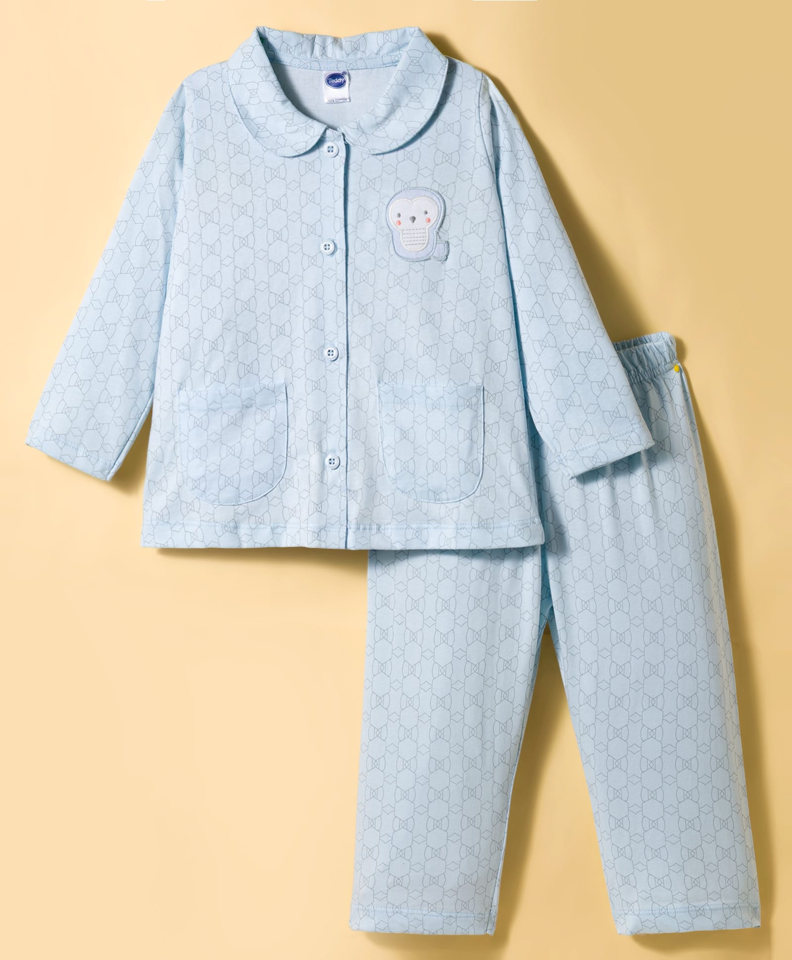 Teddy Sinker Knit Full Sleeves Printed Night Suit With Owl Patch - Light Blue