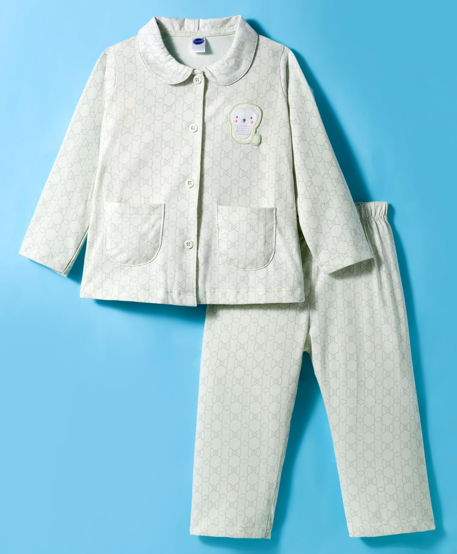 Teddy Sinker Knit Full Sleeves Printed Night Suit With Owl Patch - Light Green-picture-6