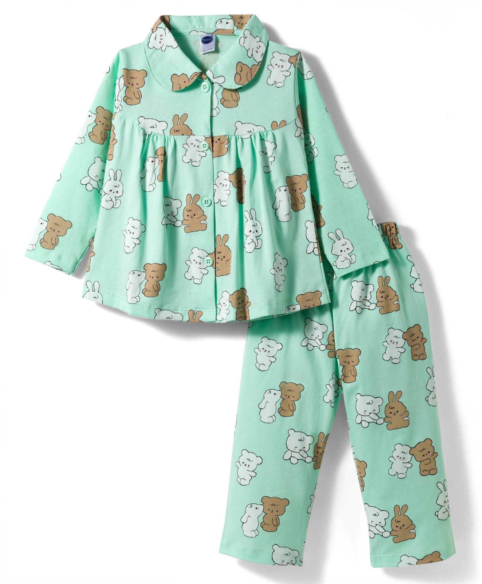 Teddy Sinker Knit Full Sleeves Co-ord Night Suit With Animal Print - Sea Green-image-27