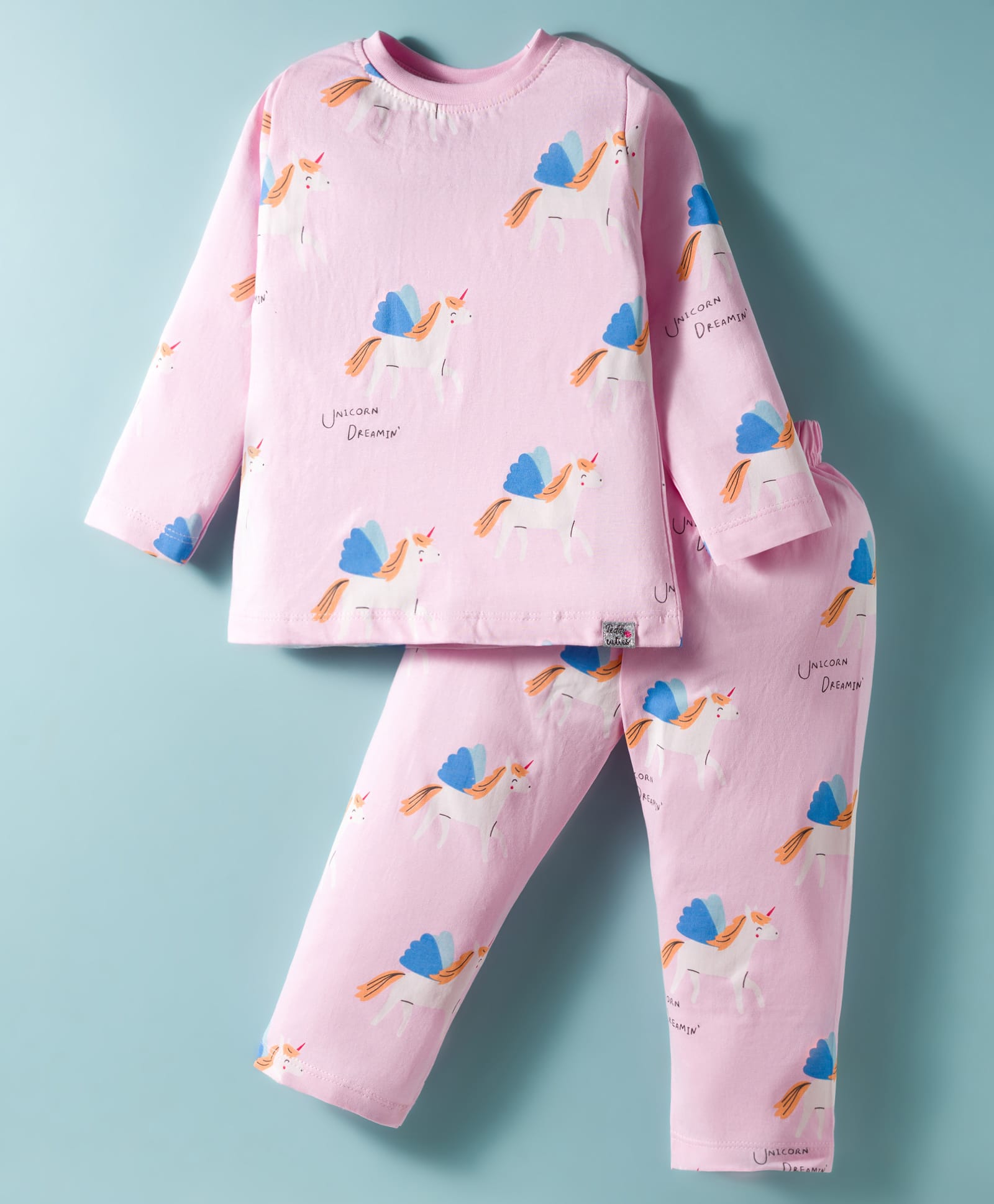 Teddy Sinker Knit Full Sleeves Co-ord Night Suit With Unicorn Print - Pink-picture-7